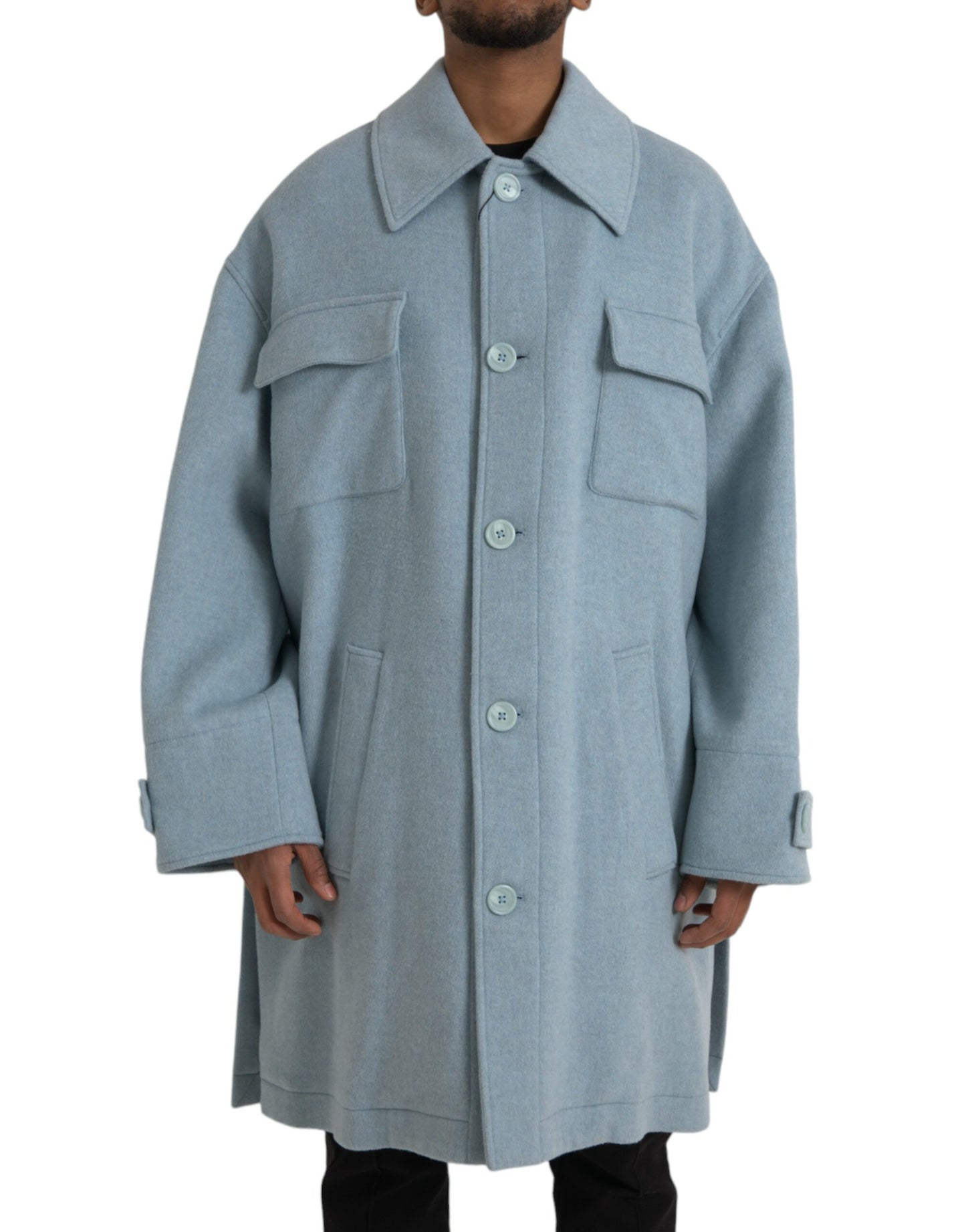 Dolce & Gabbana Light Blue Wool Button Trench Coat Jacket Dolce & Gabbana