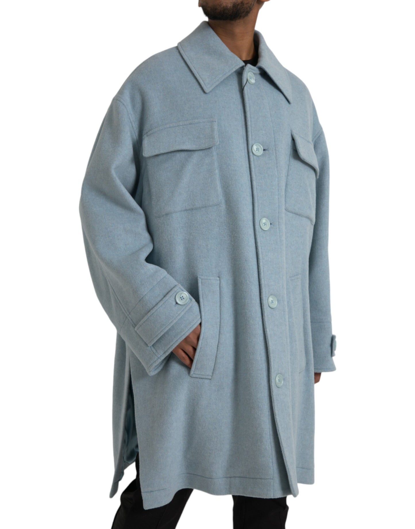 Dolce & Gabbana Light Blue Wool Button Trench Coat Jacket Dolce & Gabbana