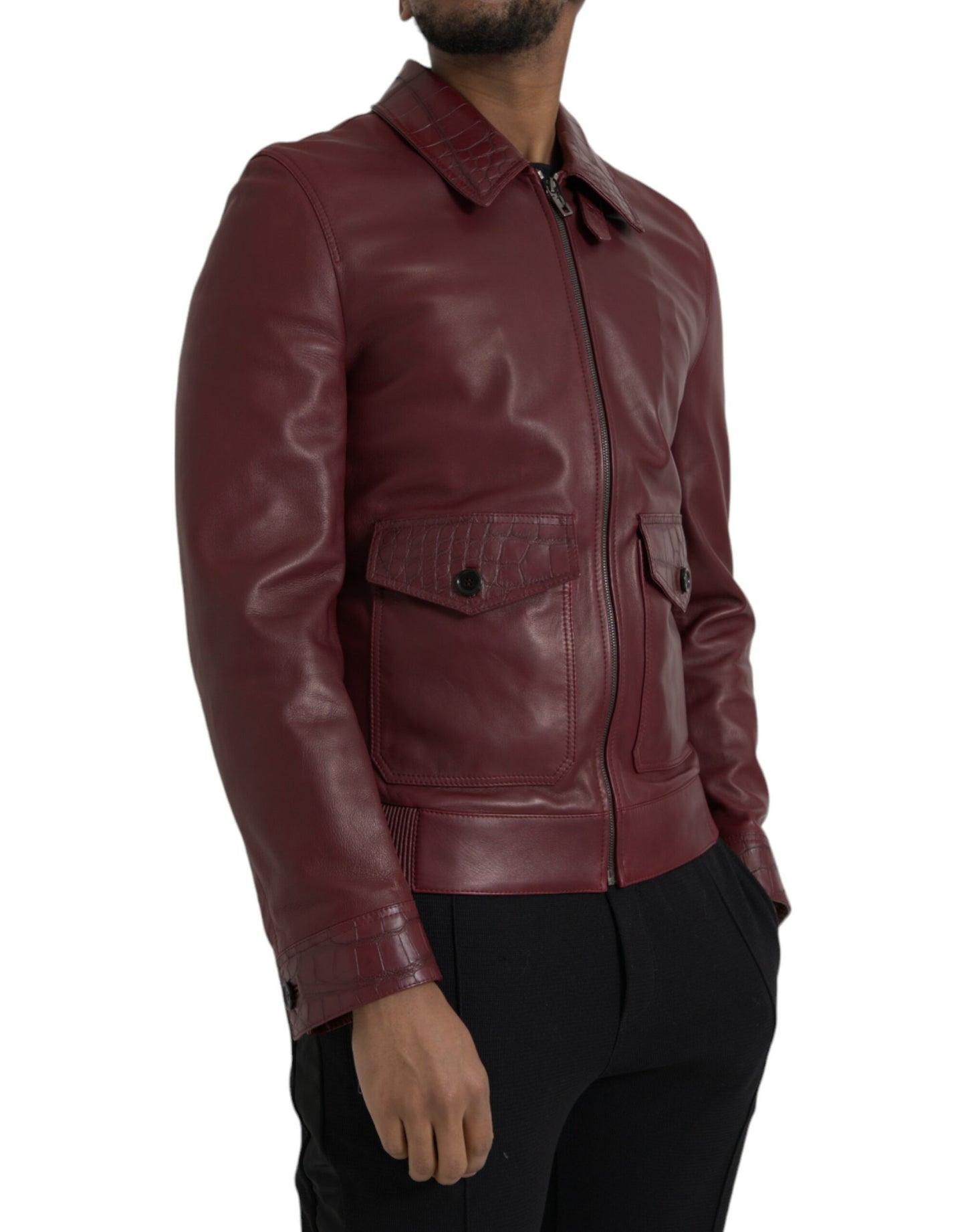 Dolce & Gabbana Maroon Exotic Leather Zip Biker Coat Jacket Dolce & Gabbana