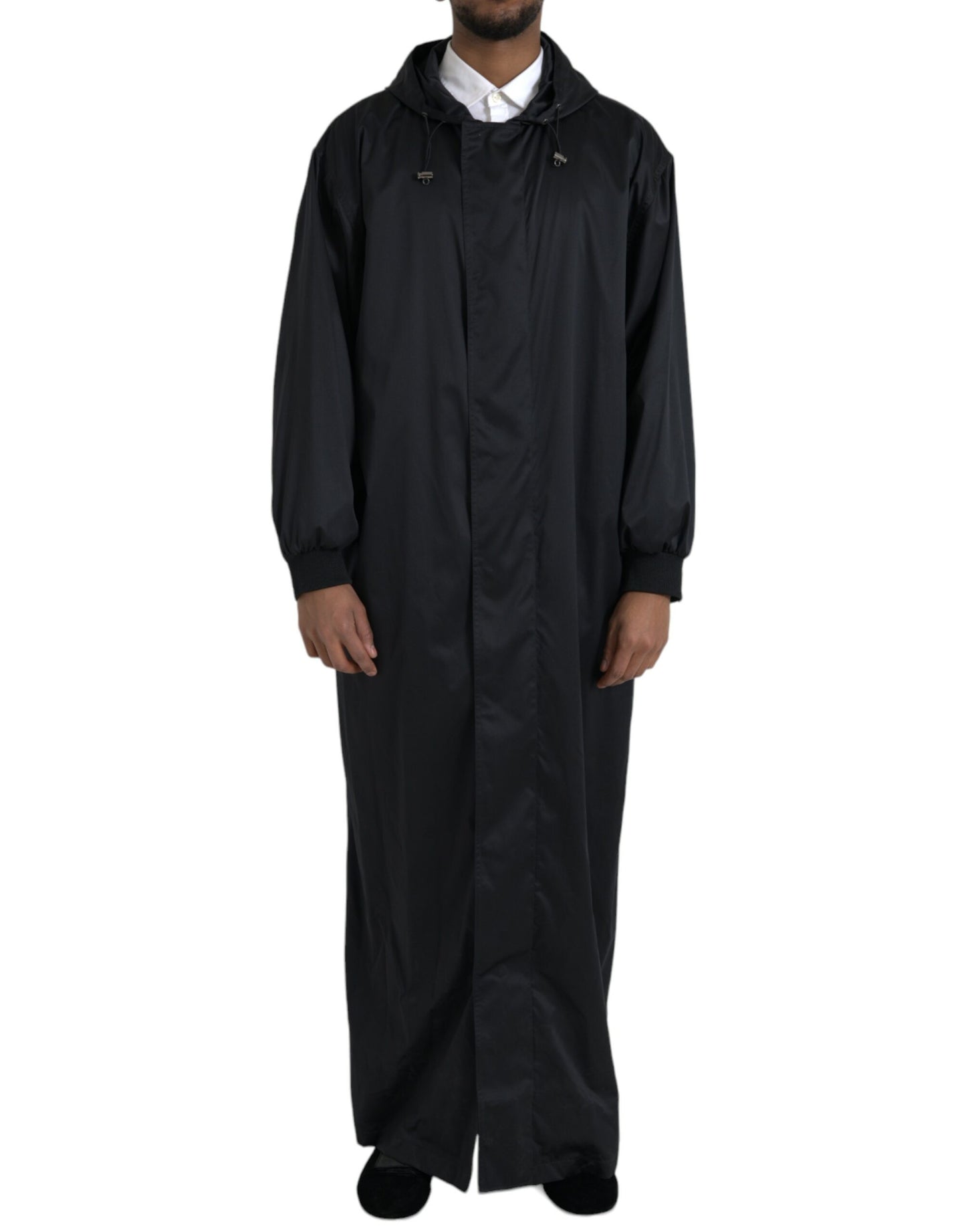 Dolce & Gabbana Black Polyester Hooded Long Windbreaker Jacket Dolce & Gabbana