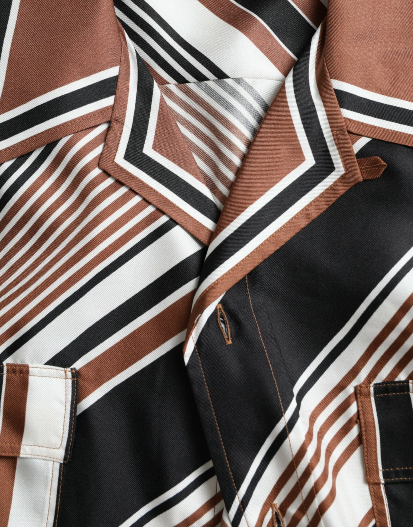 Dolce & Gabbana Brown White Silk Striped Short Sleeve Shirt Dolce & Gabbana