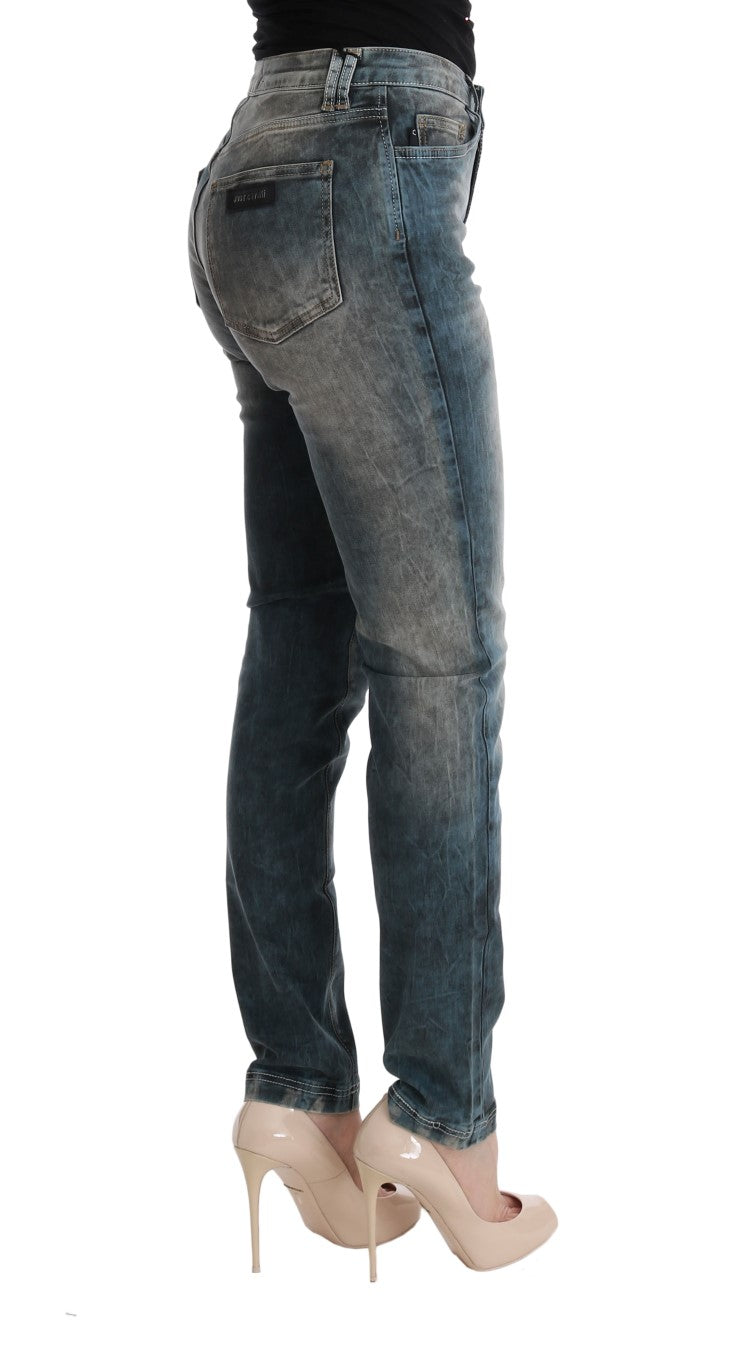 Cavalli Blue Wash Cotton Blend Slim Fit Jeans Cavalli