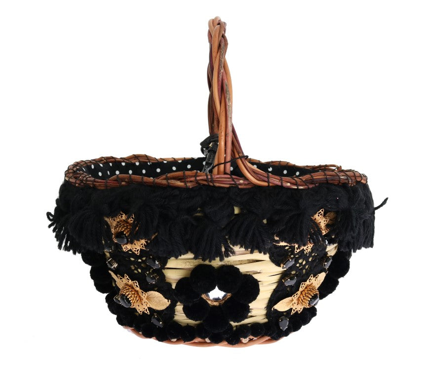 Dolce & Gabbana Beige Straw Snakeskin Pom Pom Crystal AGNESE Bag Dolce & Gabbana