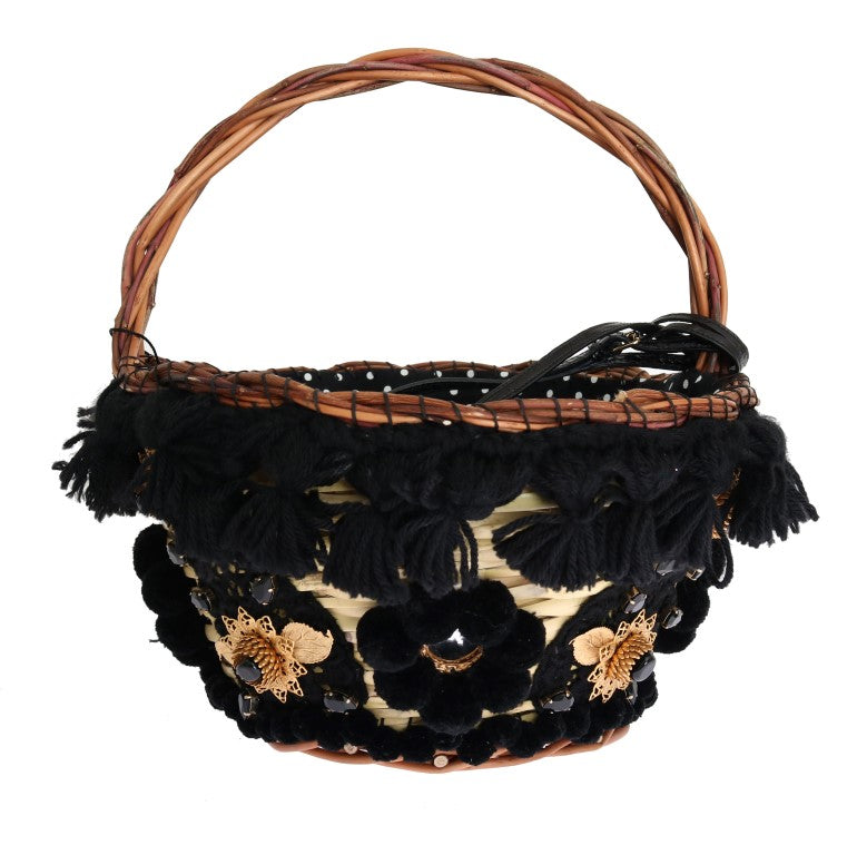 Dolce & Gabbana Beige Straw Snakeskin Pom Pom Crystal AGNESE Bag Dolce & Gabbana