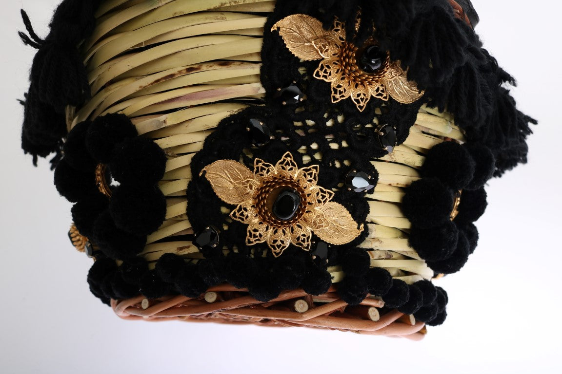 Dolce & Gabbana Beige Straw Snakeskin Pom Pom Crystal AGNESE Bag Dolce & Gabbana