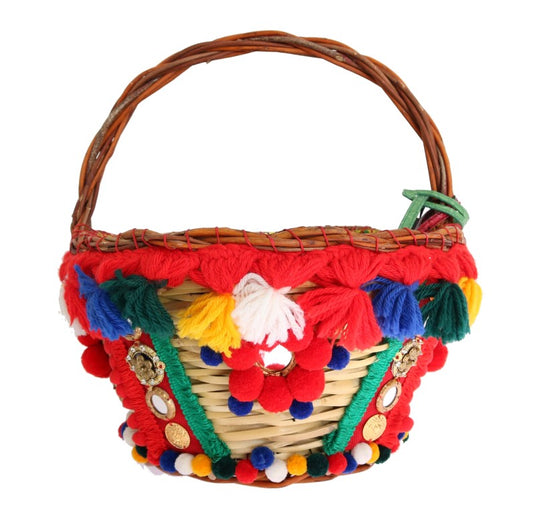 Dolce & Gabbana Multicolor AGNESE Straw Crystal Pom Pom Bag Dolce & Gabbana