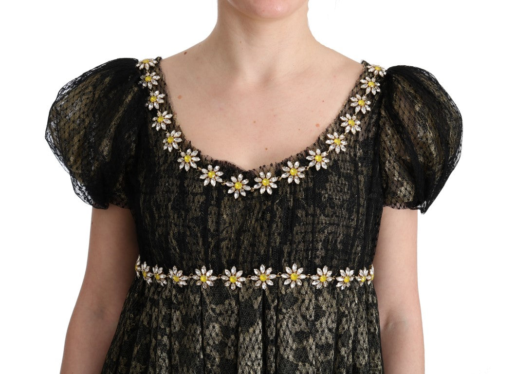 Dolce & Gabbana Black Yellow Crystal Lace Shift Dress Dolce & Gabbana