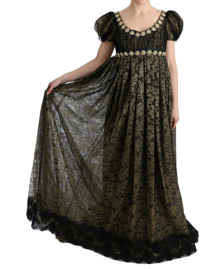 Dolce & Gabbana Black Yellow Crystal Lace Shift Dress Dolce & Gabbana