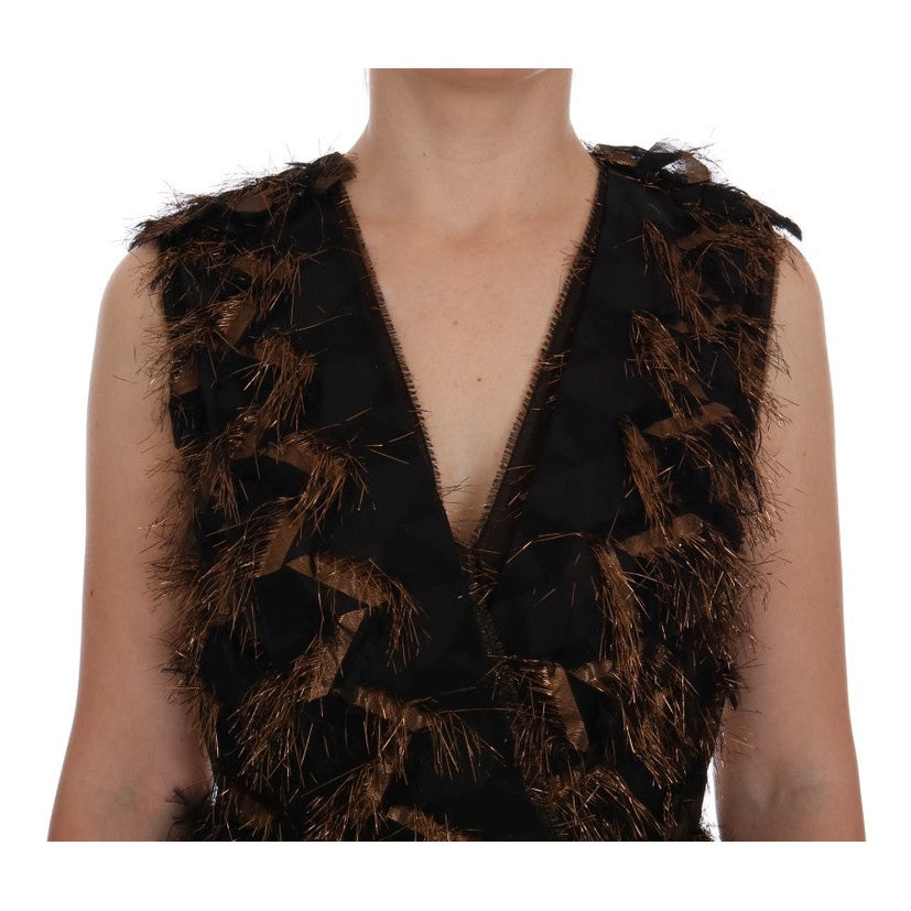 Dolce & Gabbana Black Silk Brown Fringes A-Line Dress Dolce & Gabbana