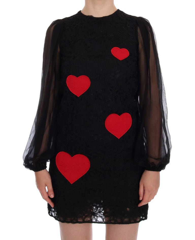 Dolce & Gabbana Black Lace Red Heart Shift Dress Dolce & Gabbana