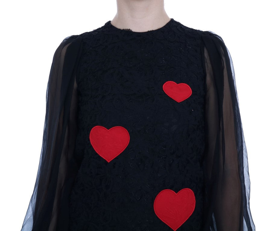 Dolce & Gabbana Black Lace Red Heart Shift Dress Dolce & Gabbana