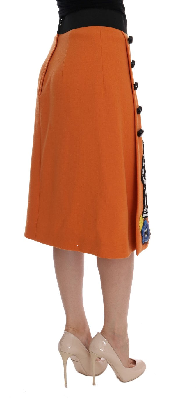 Dolce & Gabbana Orange Wool Crystal Sequin Appliques Skirt Dolce & Gabbana