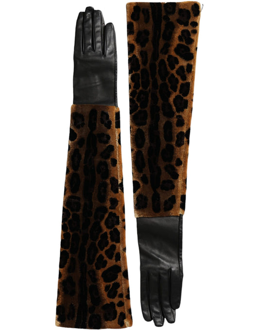 Dolce & Gabbana Brown Black Leopard Leather Elbow Length Gloves Dolce & Gabbana