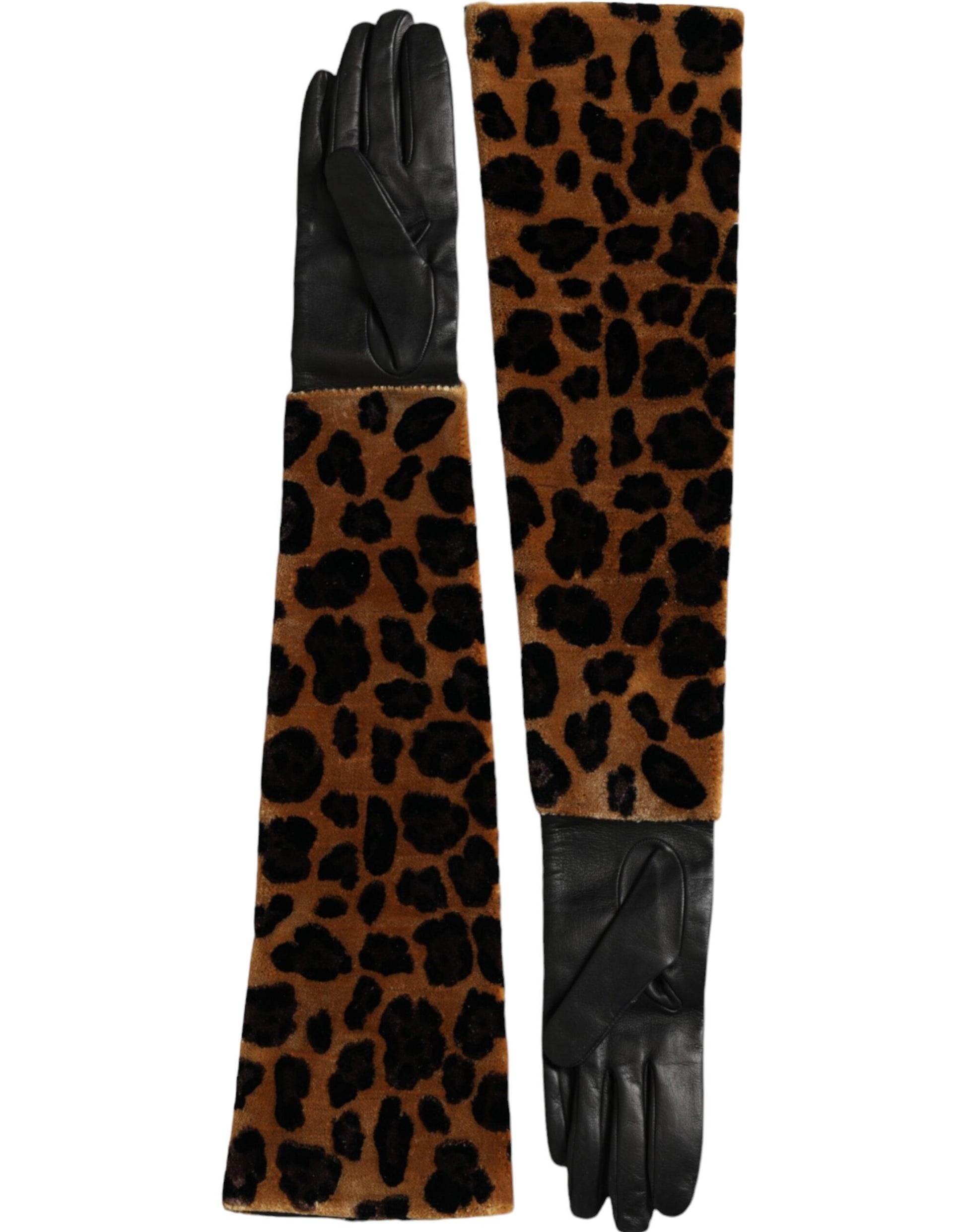 Dolce & Gabbana Brown Black Leopard Leather Elbow Length Gloves Dolce & Gabbana