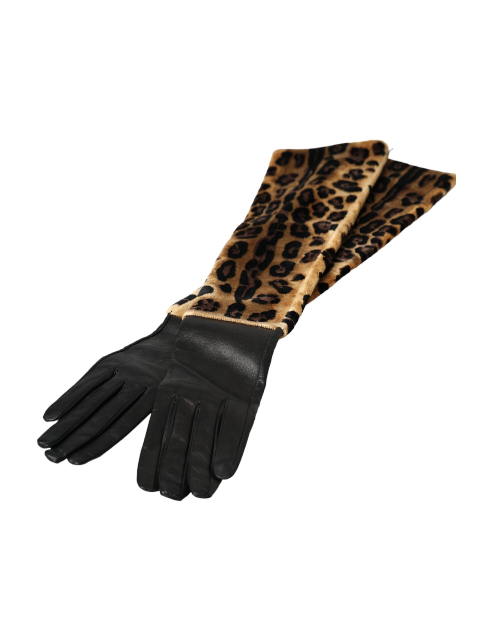 Dolce & Gabbana Brown Black Leopard Leather Elbow Length Gloves Dolce & Gabbana