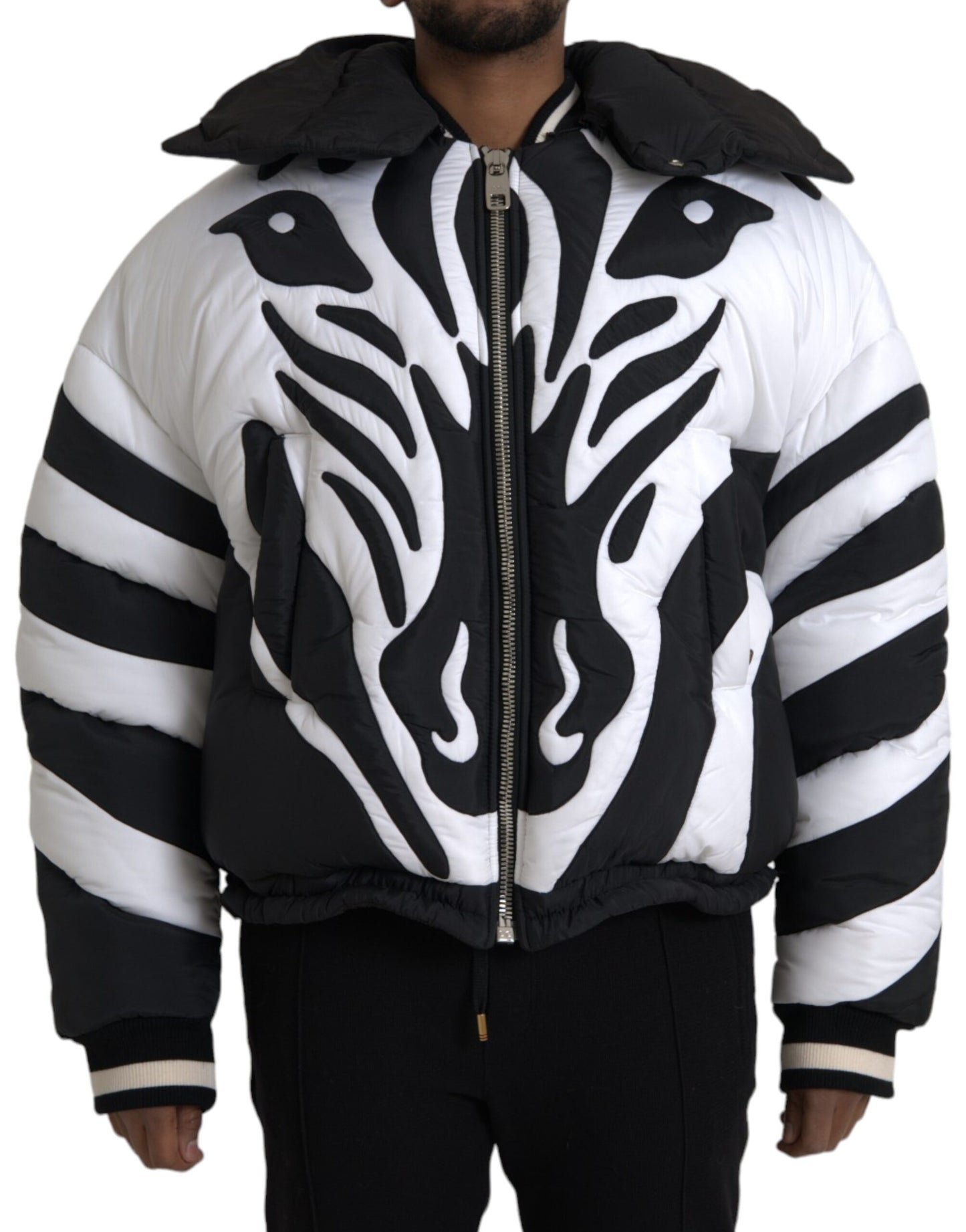 Dolce & Gabbana Black White Stripes Hooded Puffer Jacket Dolce & Gabbana