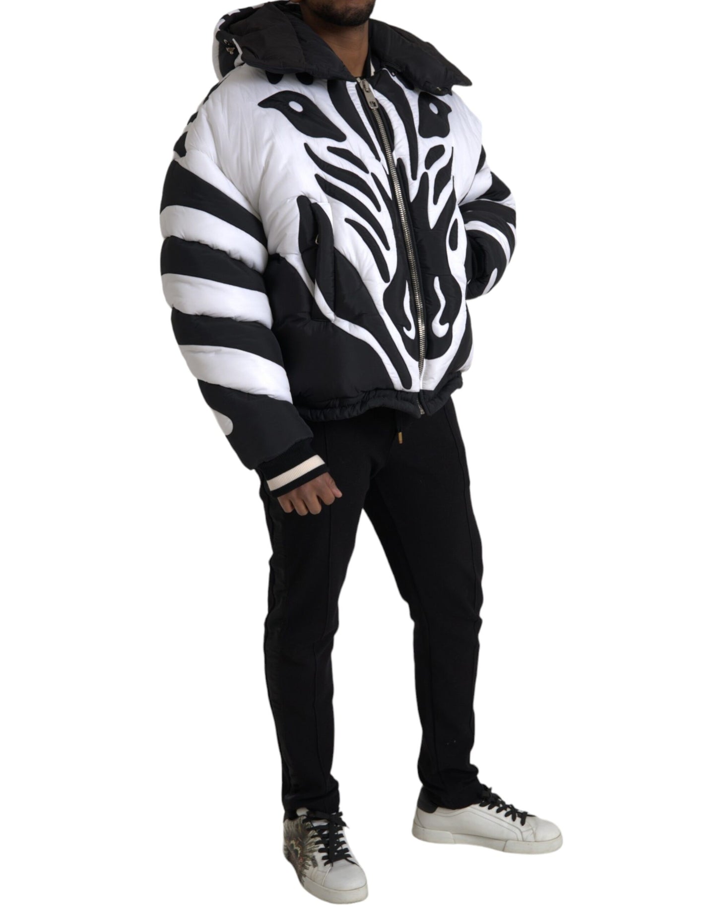 Dolce & Gabbana Black White Stripes Hooded Puffer Jacket Dolce & Gabbana