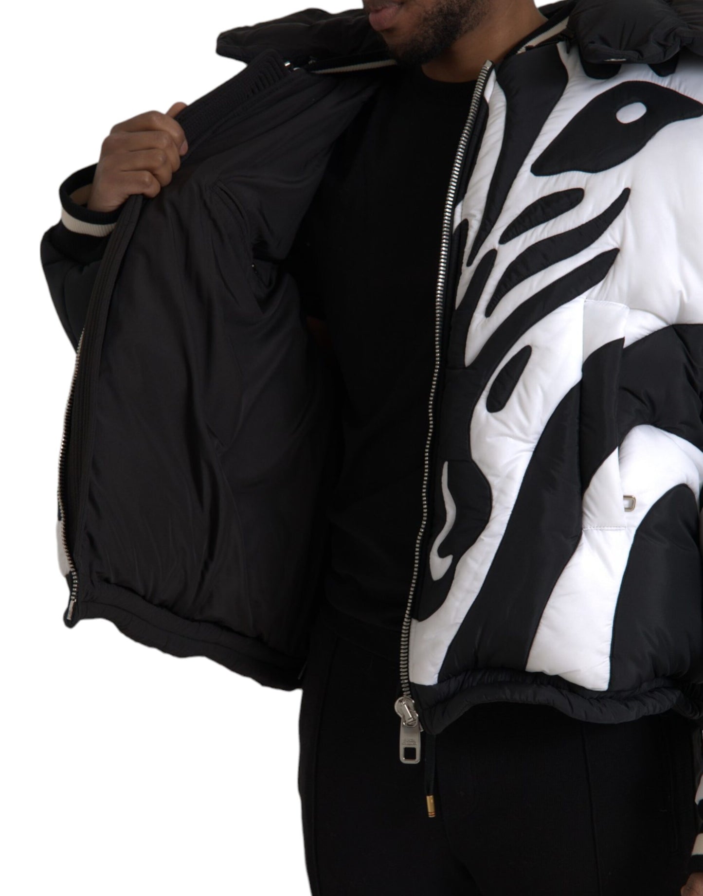 Dolce & Gabbana Black White Stripes Hooded Puffer Jacket Dolce & Gabbana