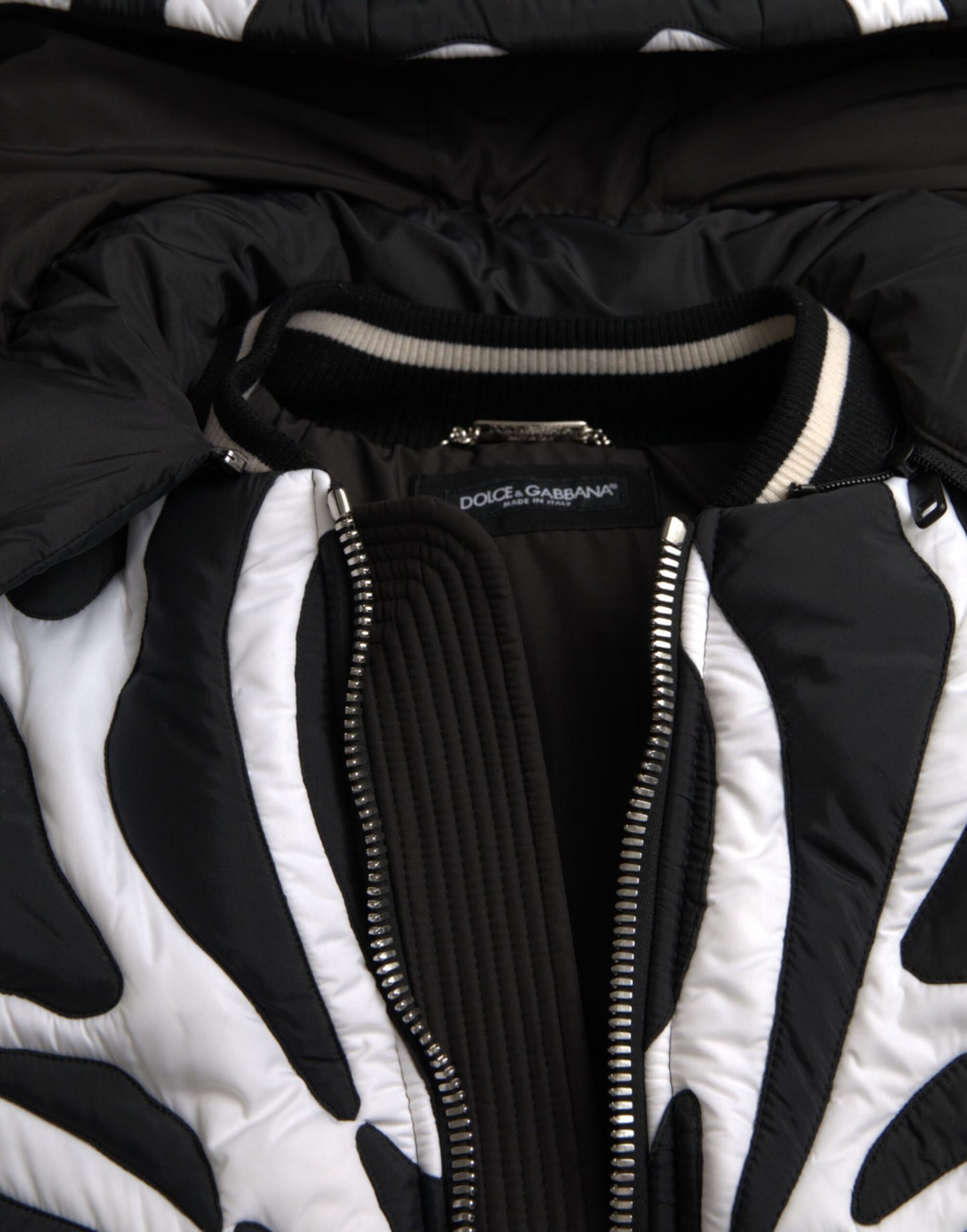 Dolce & Gabbana Black White Stripes Hooded Puffer Jacket Dolce & Gabbana