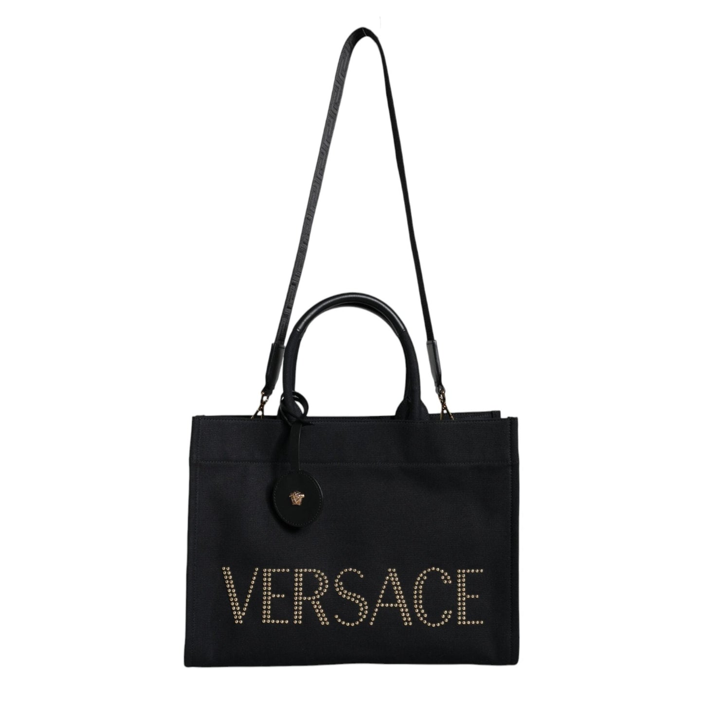 Versace Black Top Handle Canvas Leather Logo Crossbody Tote Bag Versace