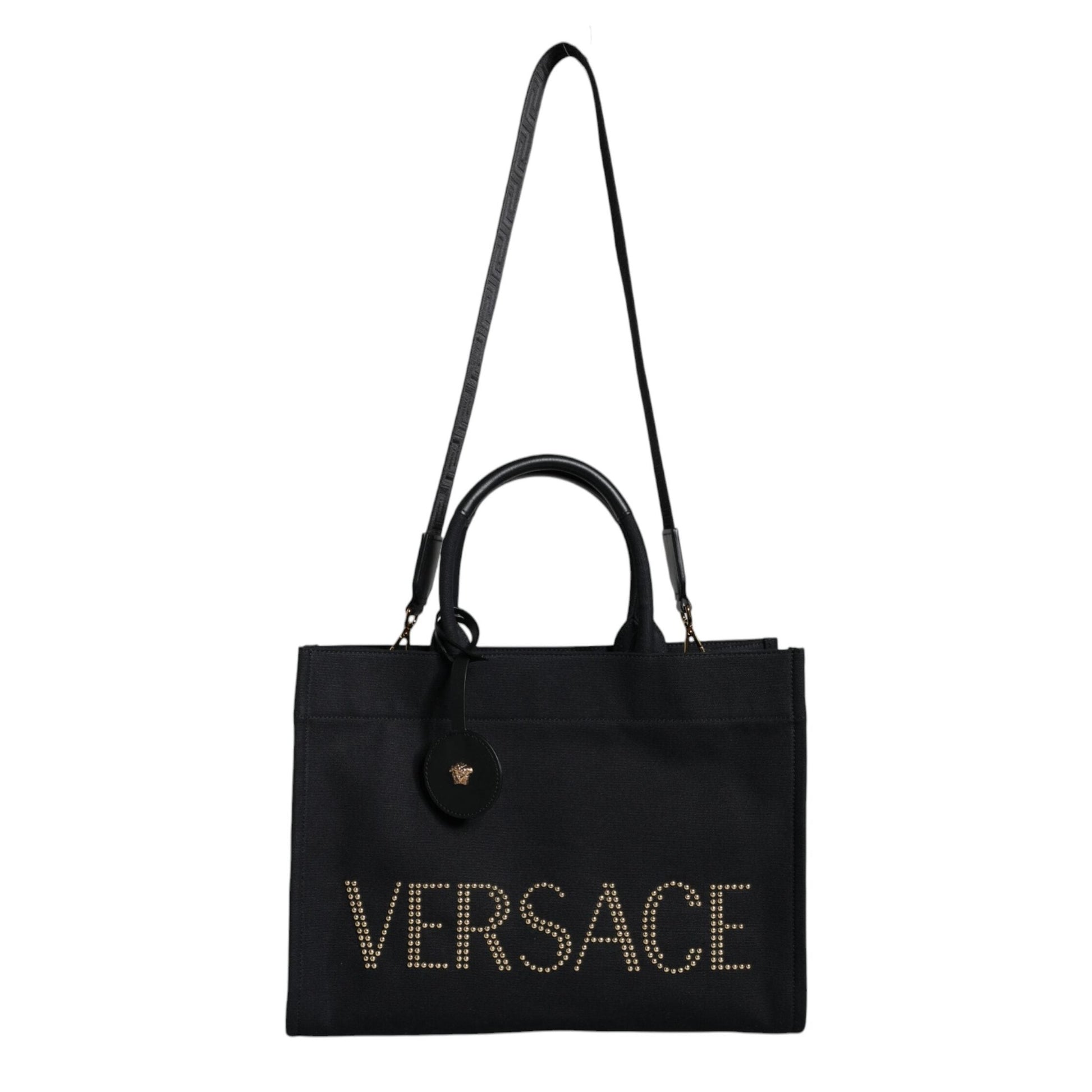 Versace Black Top Handle Canvas Leather Logo Crossbody Tote Bag Versace