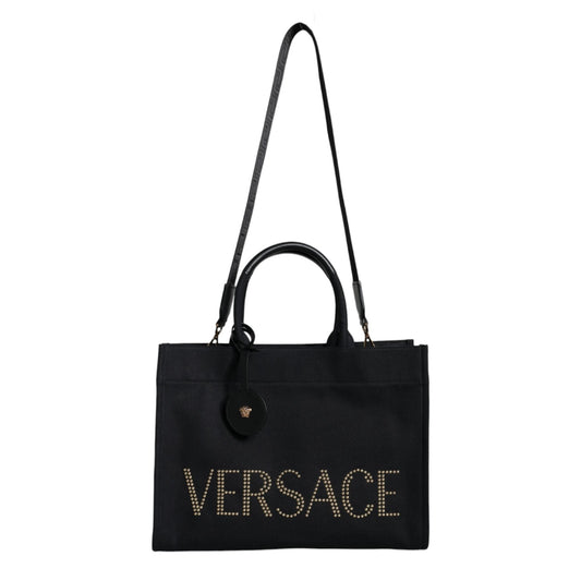 Versace Black Top Handle Canvas Leather Logo Crossbody Tote Bag Versace