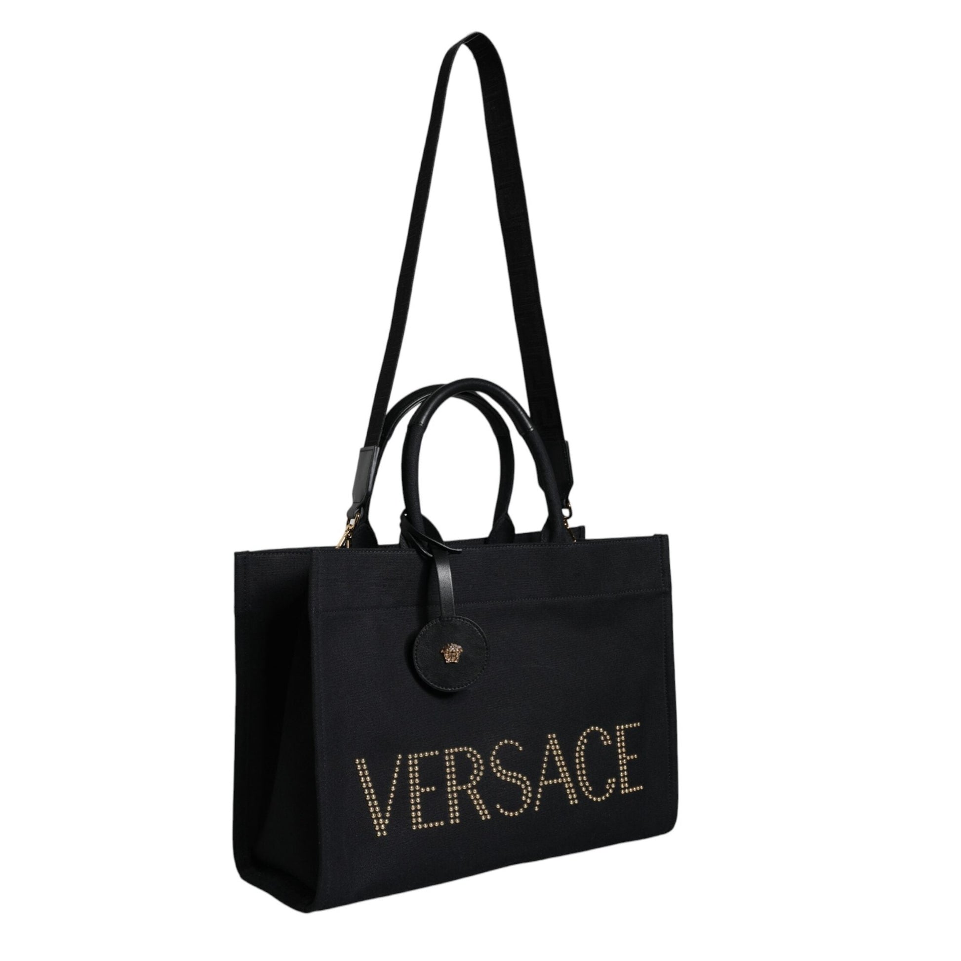 Versace Black Top Handle Canvas Leather Logo Crossbody Tote Bag Versace