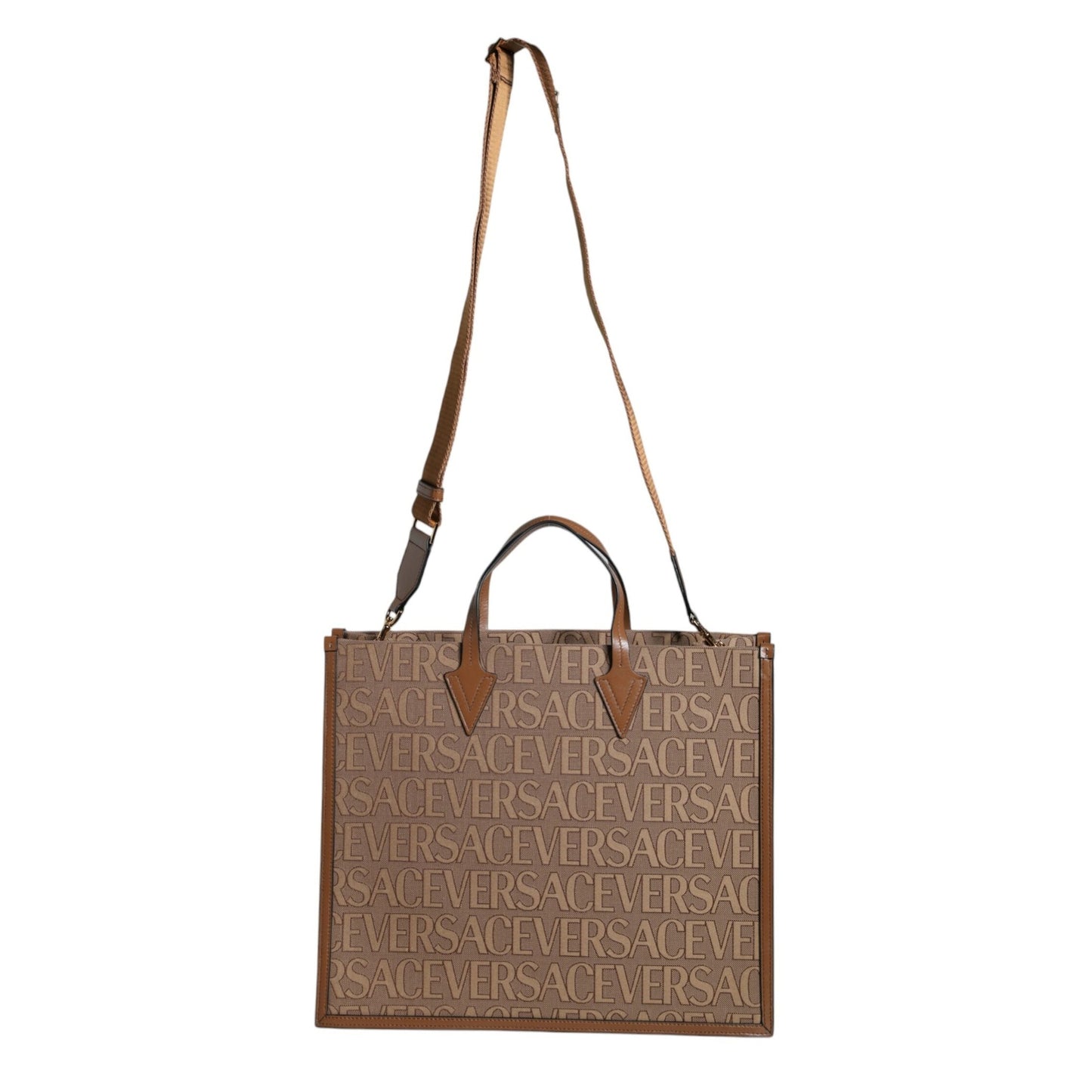 Versace Brown Top Handle Jacquard Leather Logo Crossbody Tote Bag Versace