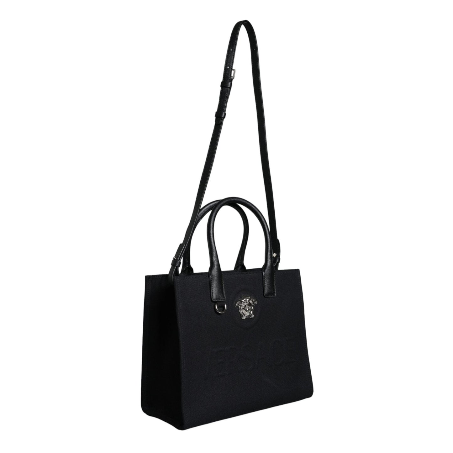 Versace Black Top Handle Canvas Leather Logo Crossbody Tote Bag Versace