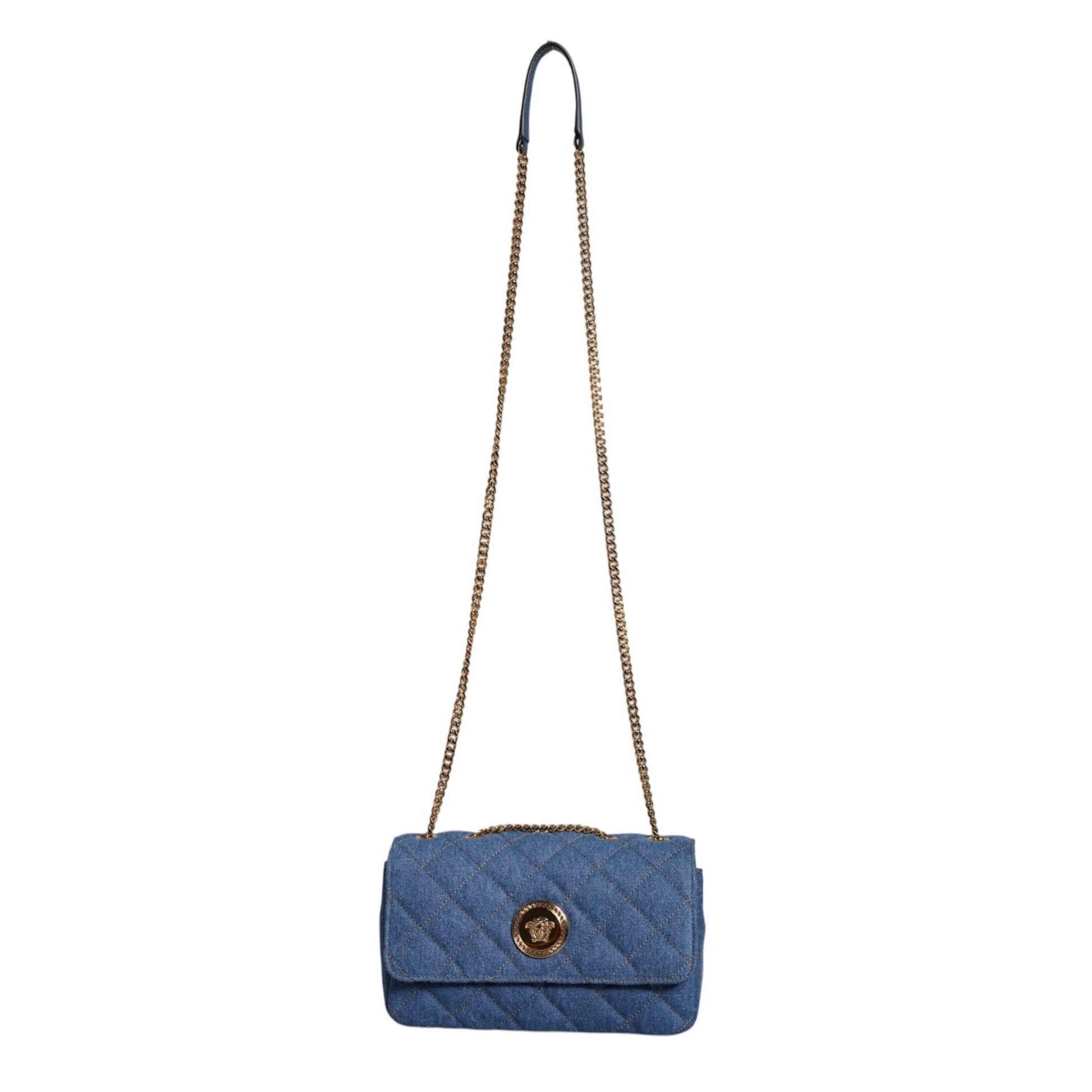 Versace Blue Quilted Denim Leather Crossbody Shoulder Bag Versace