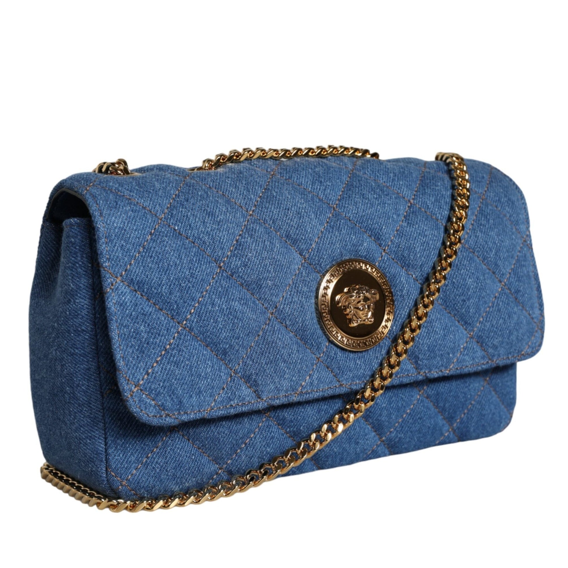 Versace Blue Quilted Denim Leather Crossbody Shoulder Bag Versace