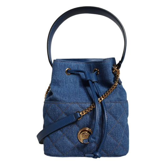 Versace Blue Quilted Denim Leather Crossbody Shoulder Bag Versace