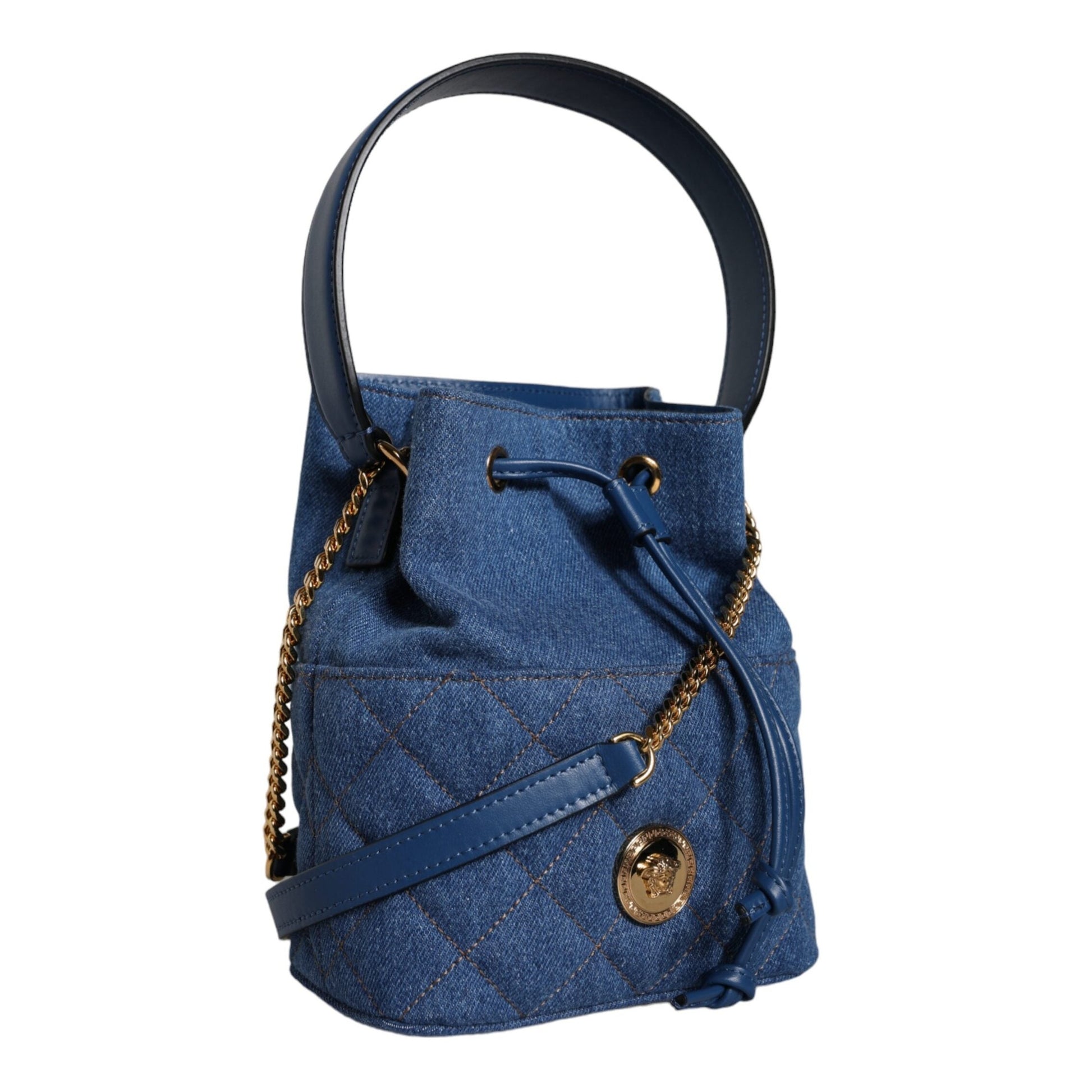 Versace Blue Quilted Denim Leather Crossbody Shoulder Bag Versace