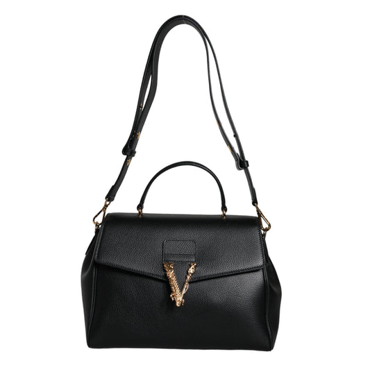 Versace Black Top Handle Grainy Calfskin Leather Crossbody Bag Versace