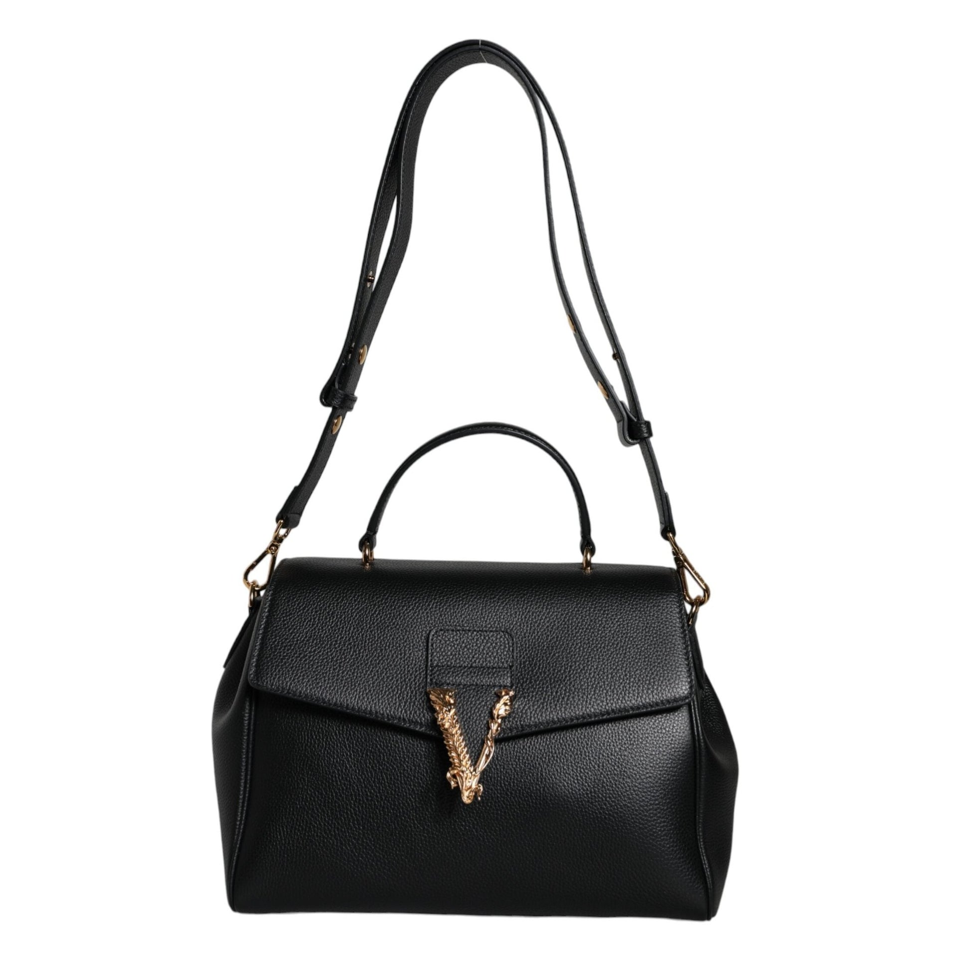 Versace Black Top Handle Grainy Calfskin Leather Crossbody Bag Versace