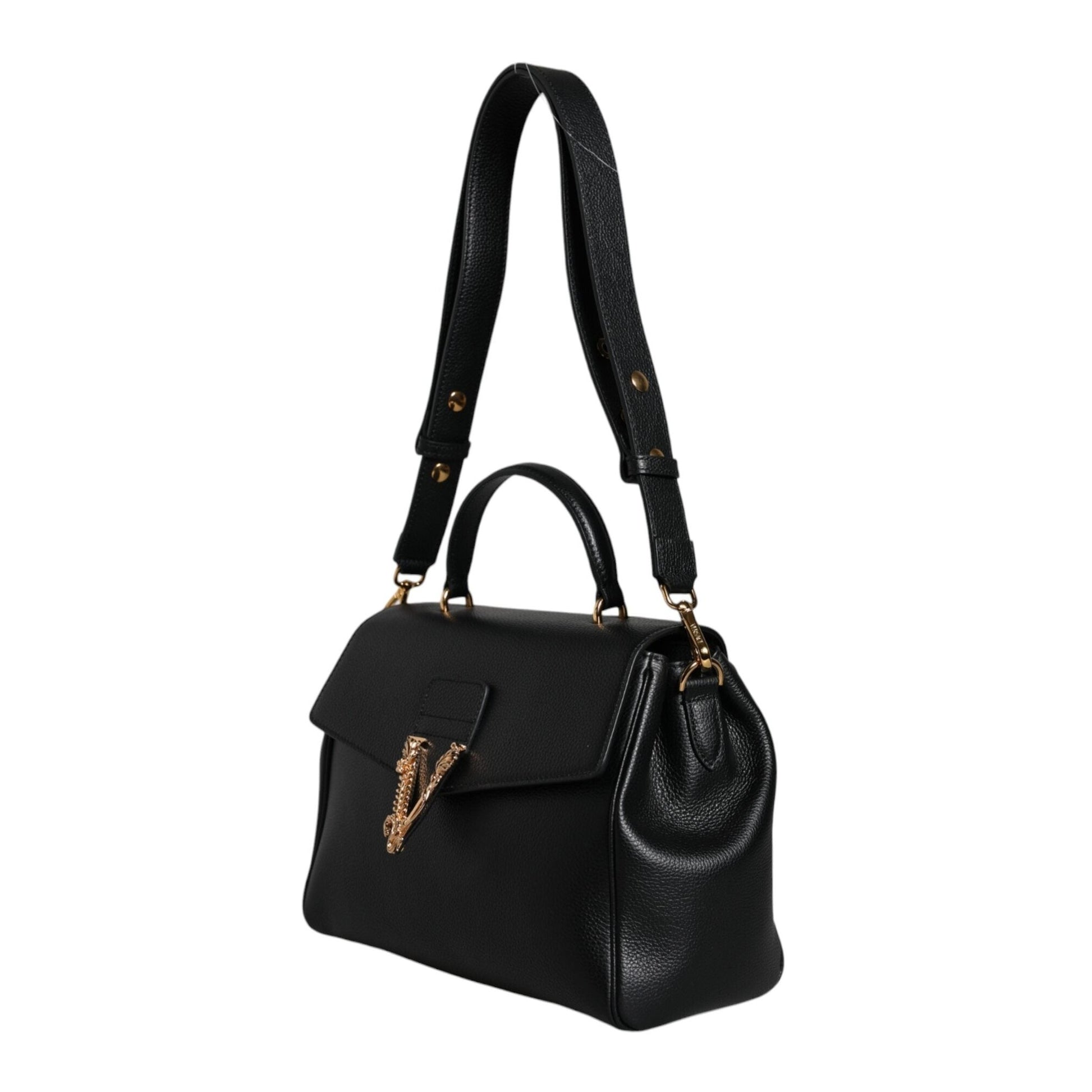 Versace Black Top Handle Grainy Calfskin Leather Crossbody Bag Versace