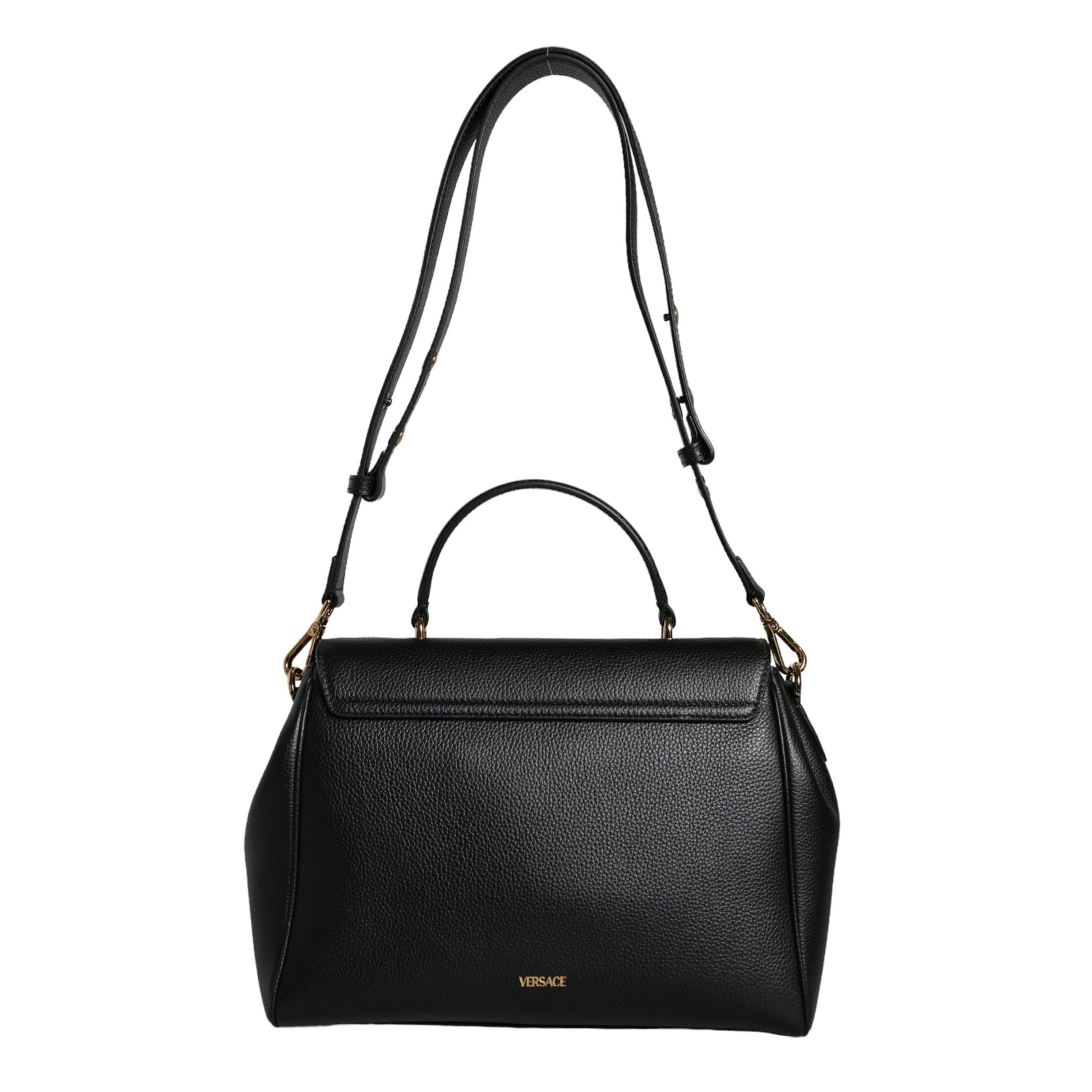 Versace Black Top Handle Grainy Calfskin Leather Crossbody Bag Versace