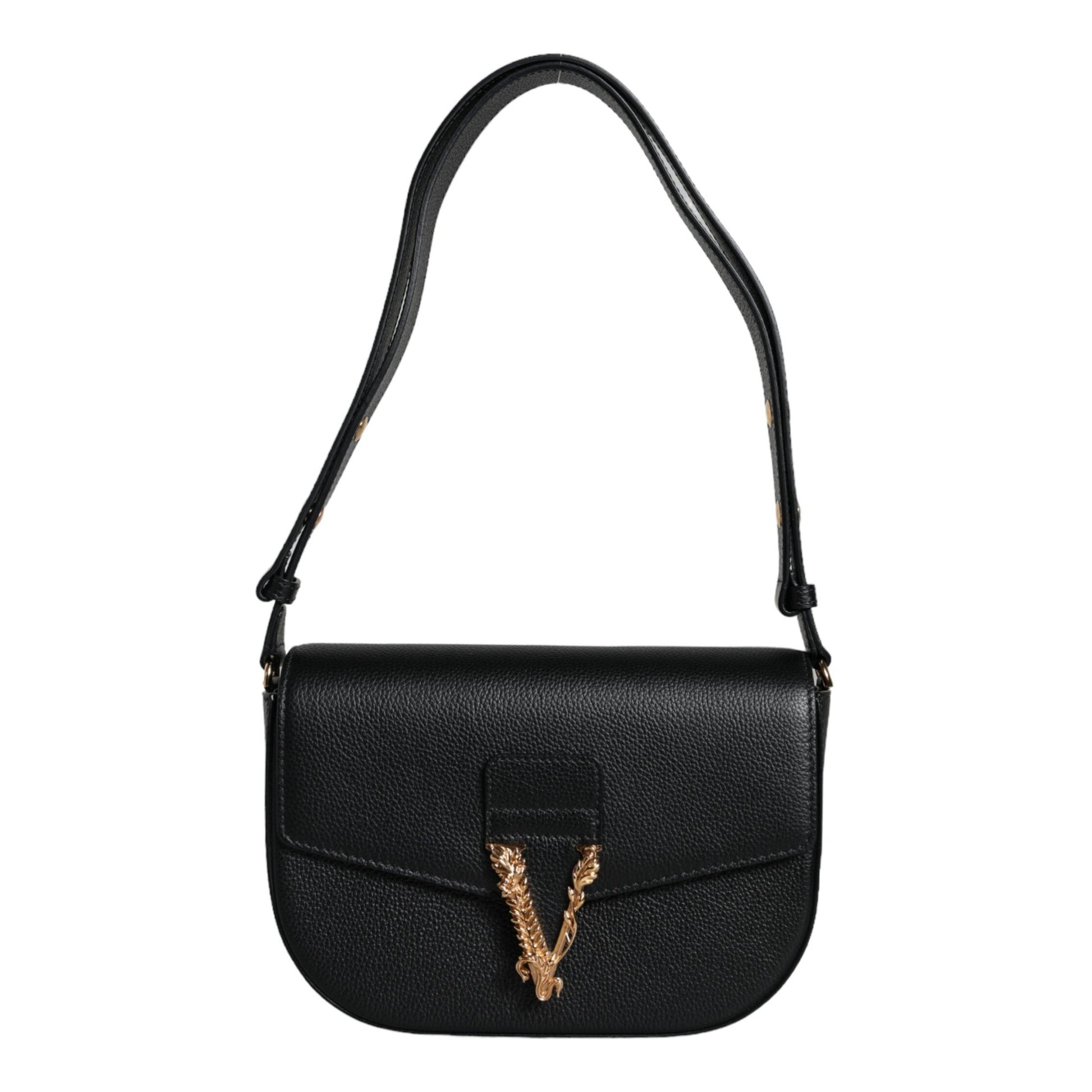 Versace Black Grainy Calf Leather Logo Crossbody Shoulder Bag Versace