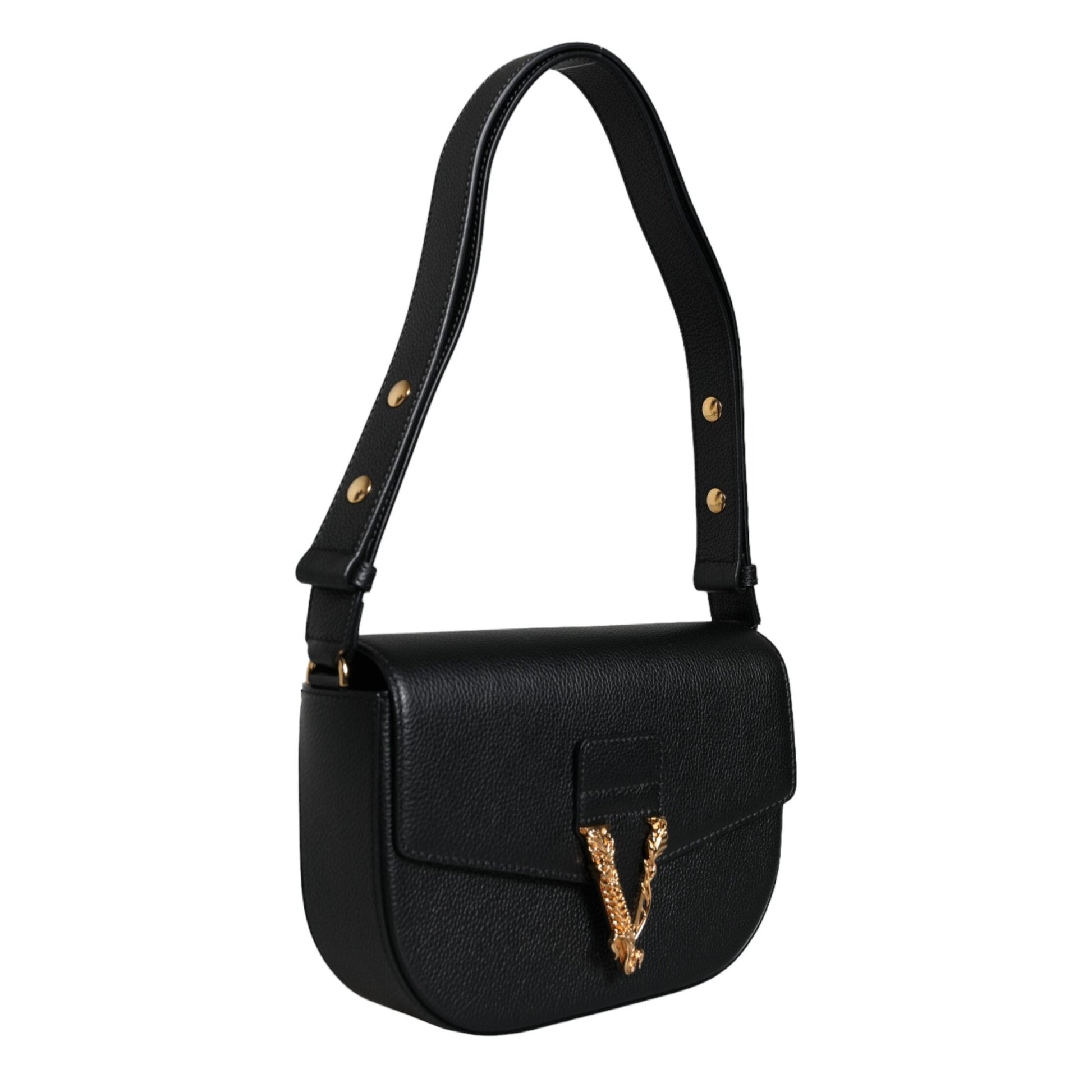 Versace Black Grainy Calf Leather Logo Crossbody Shoulder Bag Versace