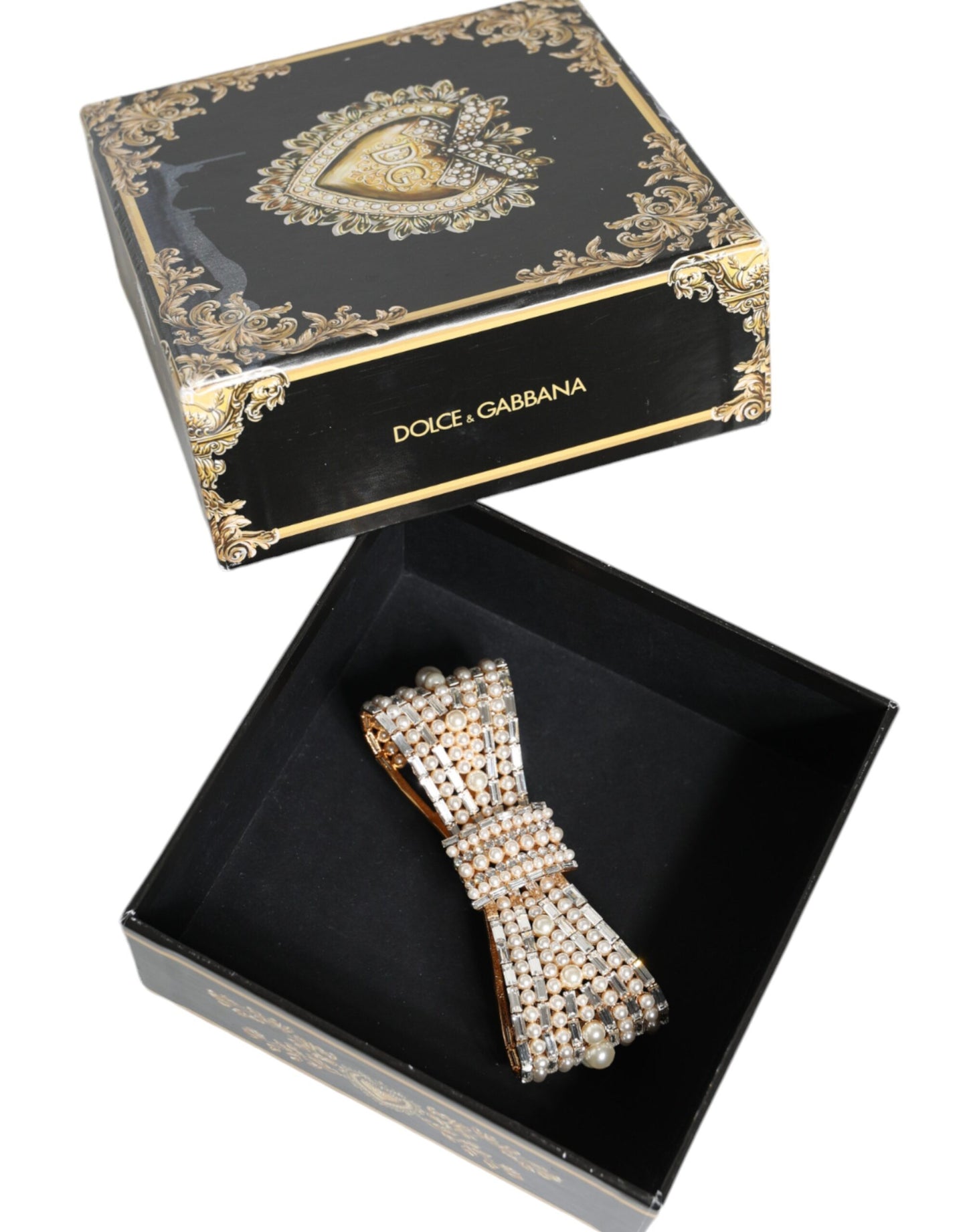 Dolce & Gabbana Gold Tone Brass Bow Crystal FauxPearl Embellished Brooch Dolce & Gabbana