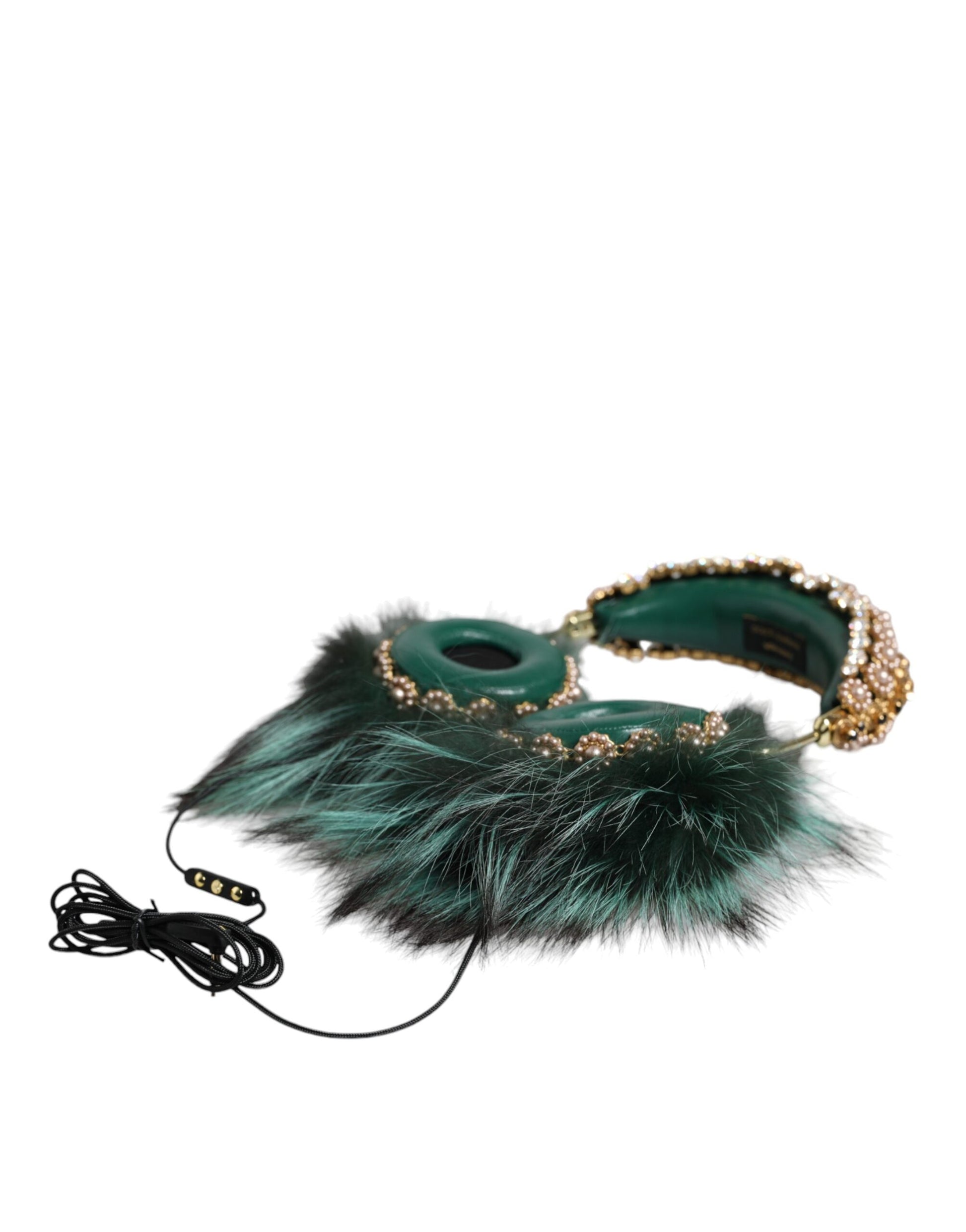 Dolce & Gabbana Green Gold Crystal Fur Headset Audio AUX Headphones Dolce & Gabbana