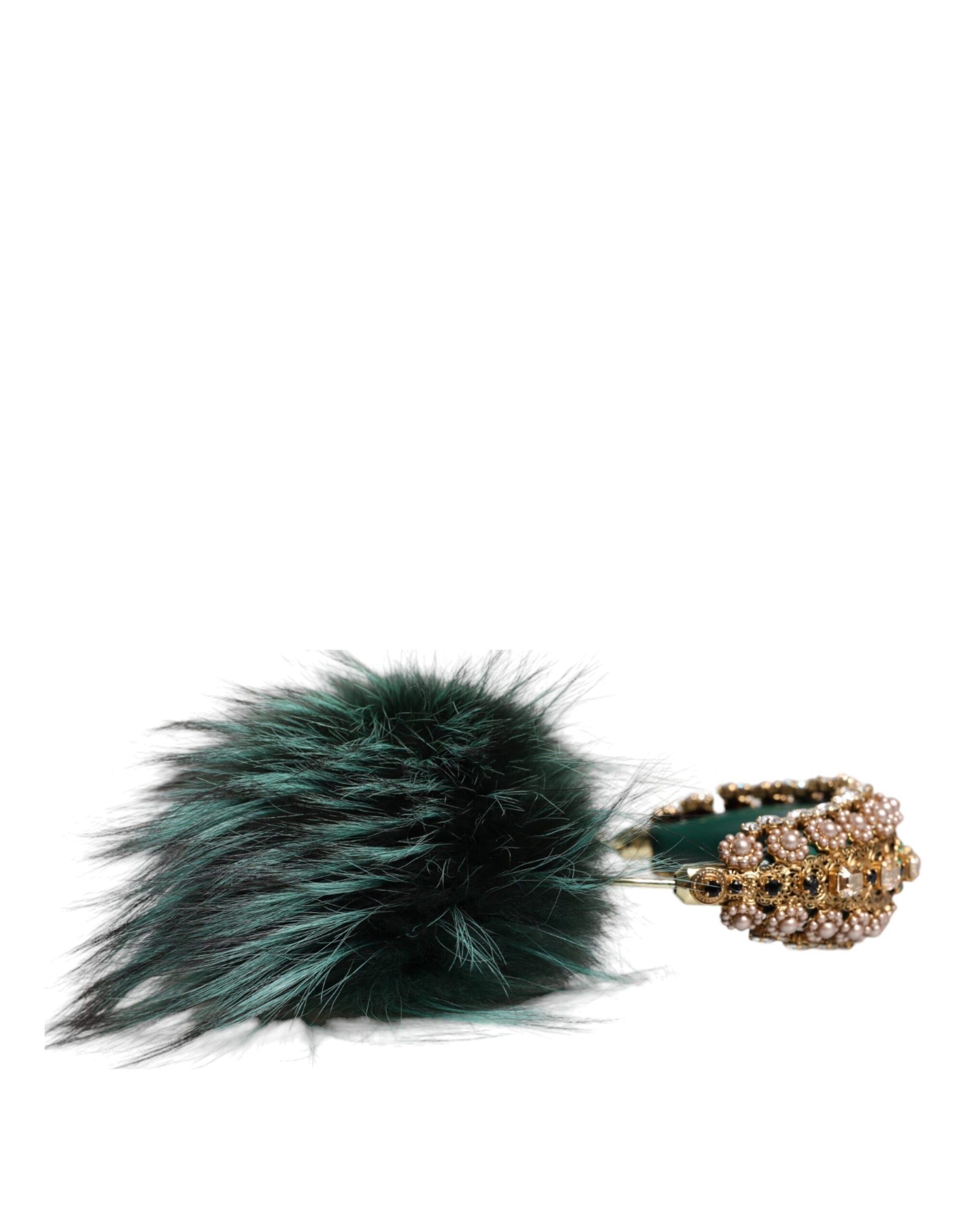 Dolce & Gabbana Green Gold Crystal Fur Headset Audio AUX Headphones Dolce & Gabbana