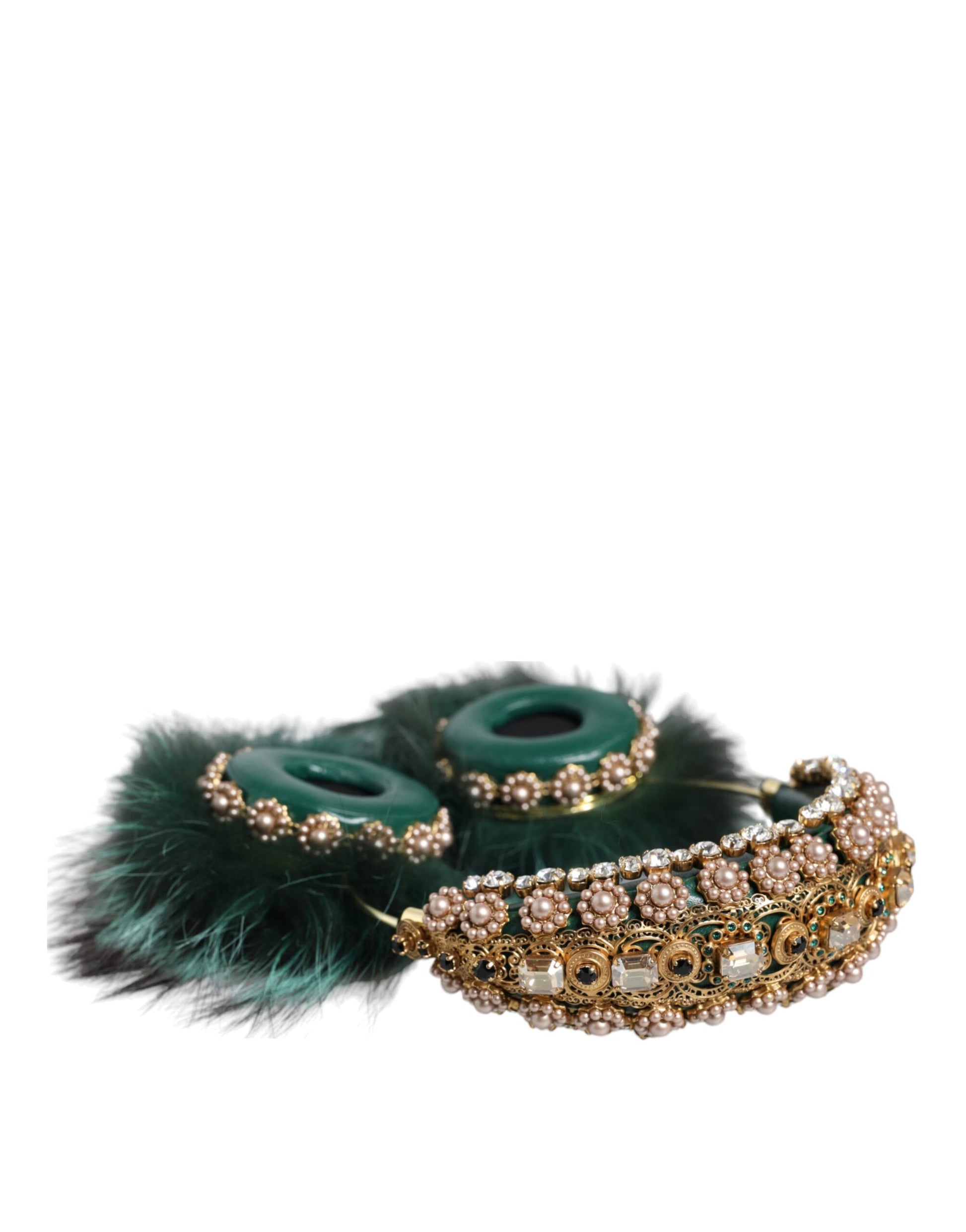 Dolce & Gabbana Green Gold Crystal Fur Headset Audio AUX Headphones Dolce & Gabbana