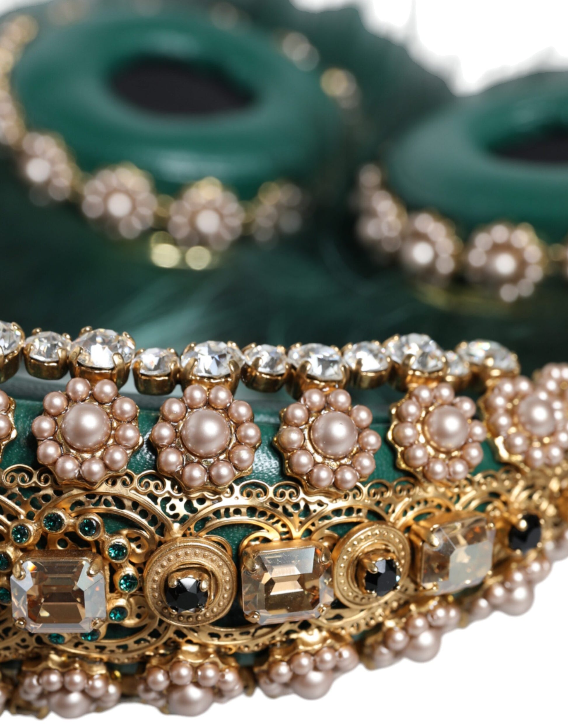 Dolce & Gabbana Green Gold Crystal Fur Headset Audio AUX Headphones Dolce & Gabbana