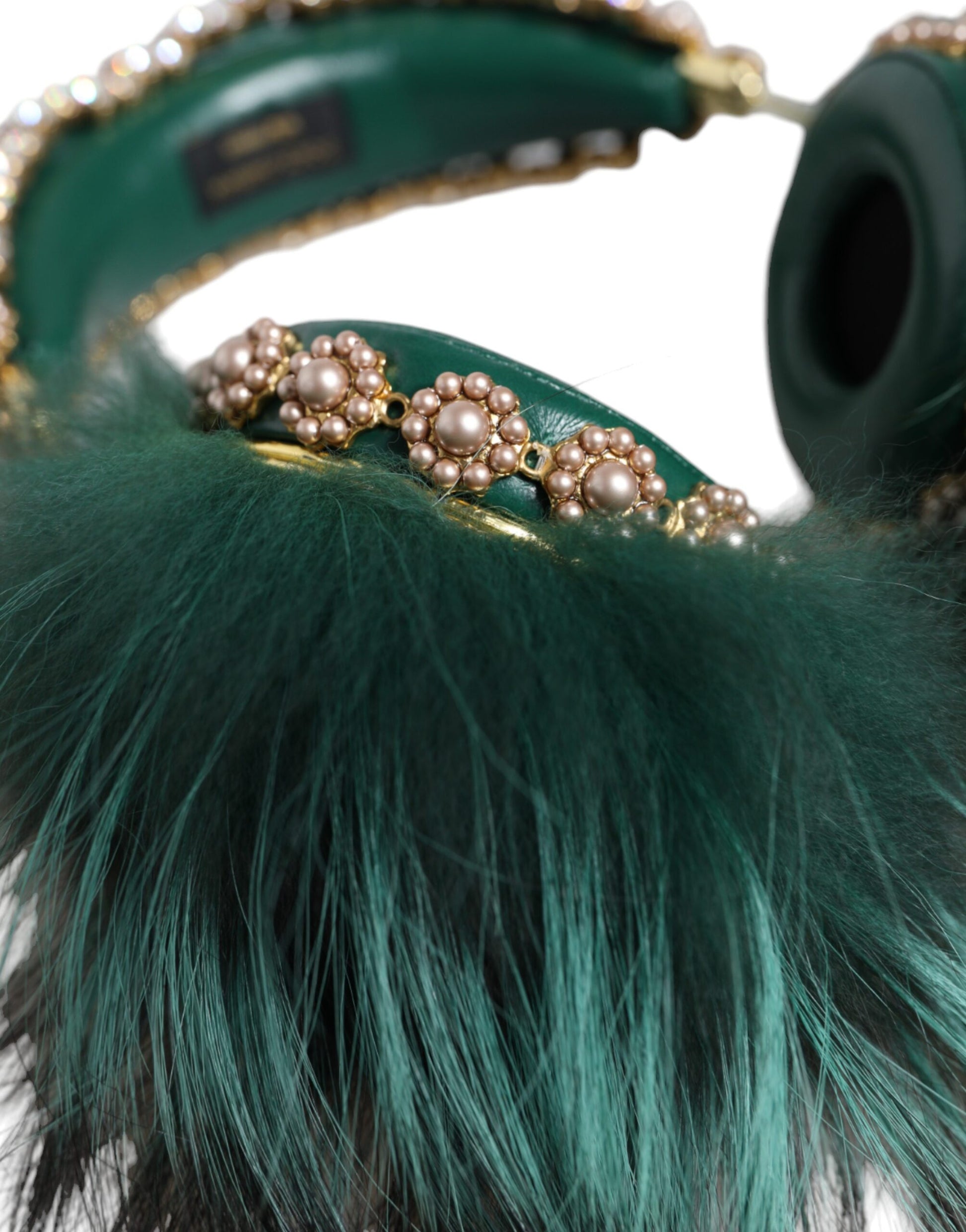 Dolce & Gabbana Green Gold Crystal Fur Headset Audio AUX Headphones Dolce & Gabbana