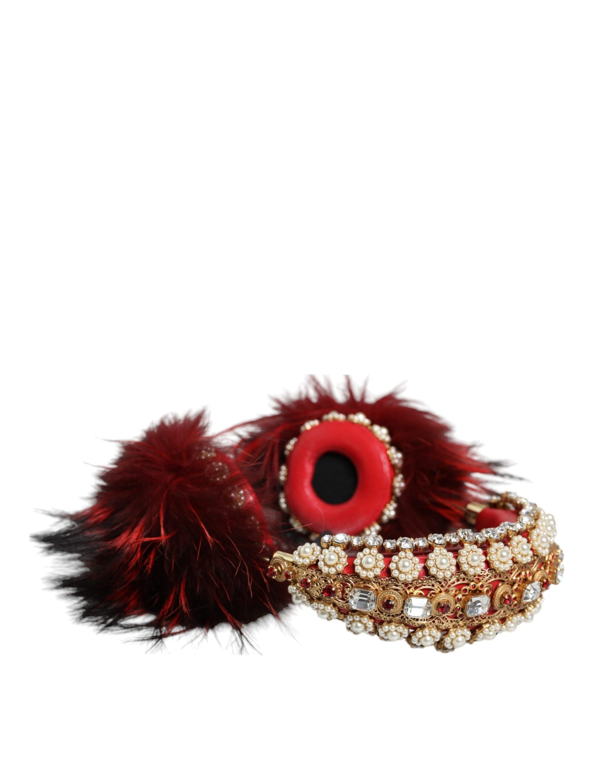 Dolce & Gabbana Red Gold Crystal Fur Headset Audio AUX Headphones Dolce & Gabbana