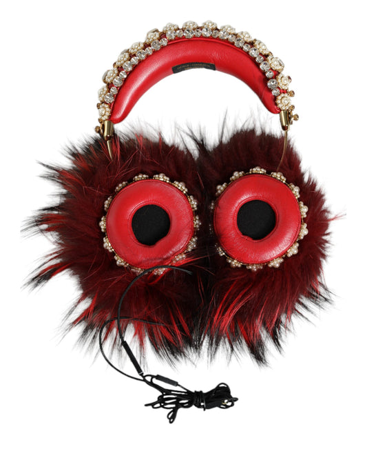 Dolce & Gabbana Red Gold Crystal Fur Headset Audio AUX Headphones Dolce & Gabbana
