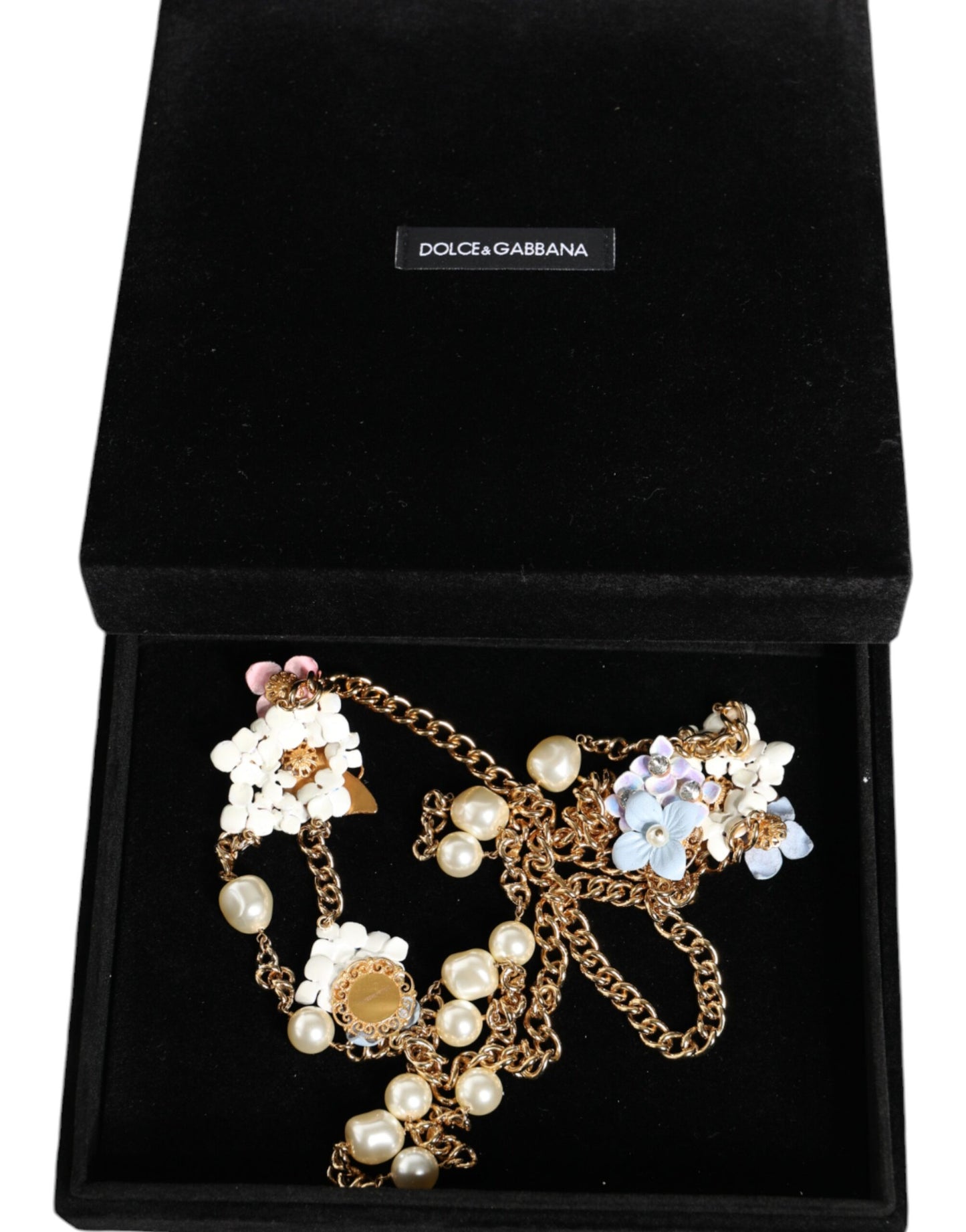 Dolce & Gabbana Gold Chain Brass Floral Layered Crystal Pearl Necklace Dolce & Gabbana