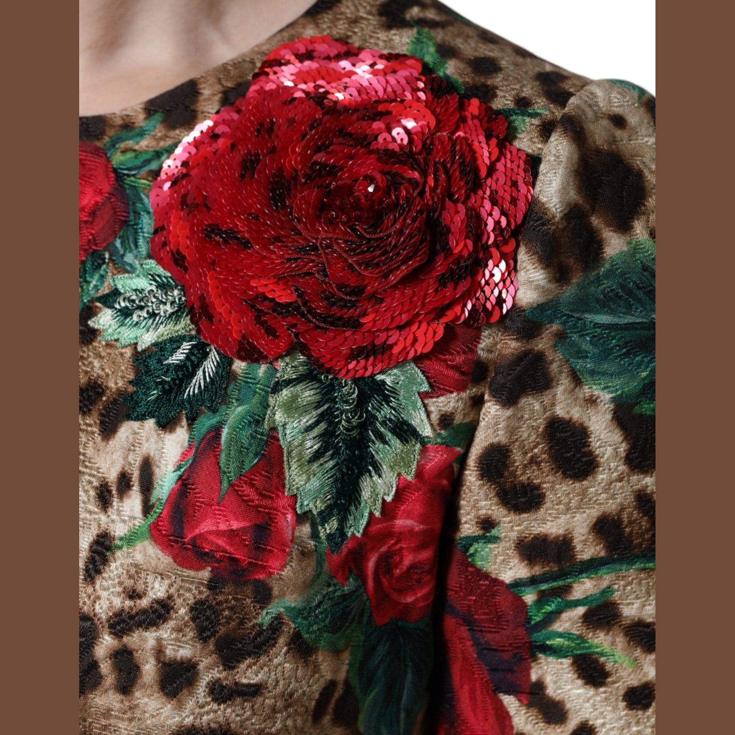 Dolce & Gabbana Brown Leopard Red Roses Cotton A-line Dress