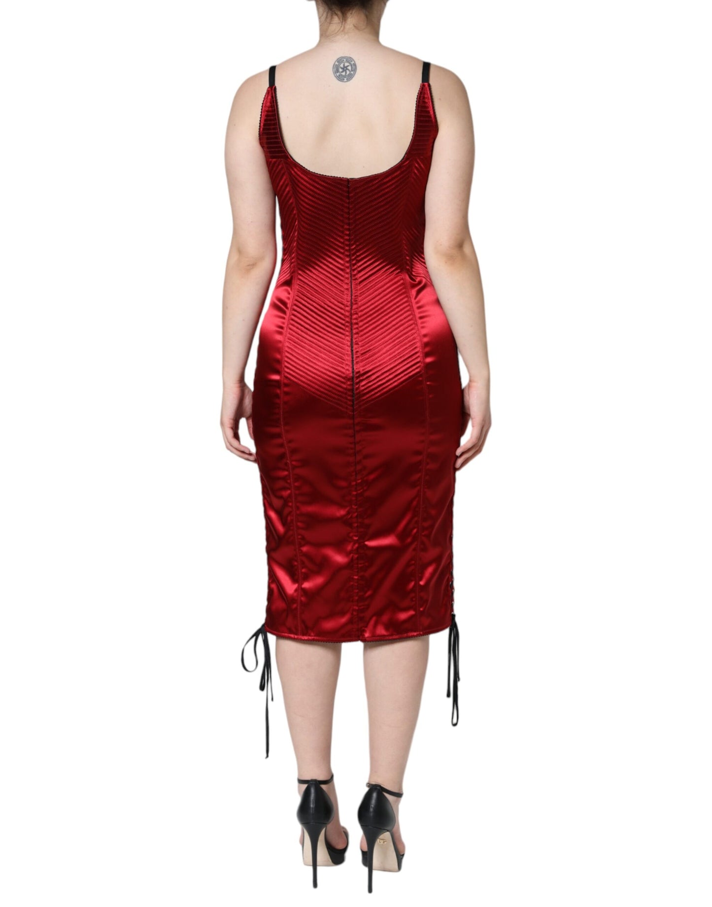 Dolce & Gabbana Red Bustier Corset Lace Bodycon Midi Dress Dolce & Gabbana